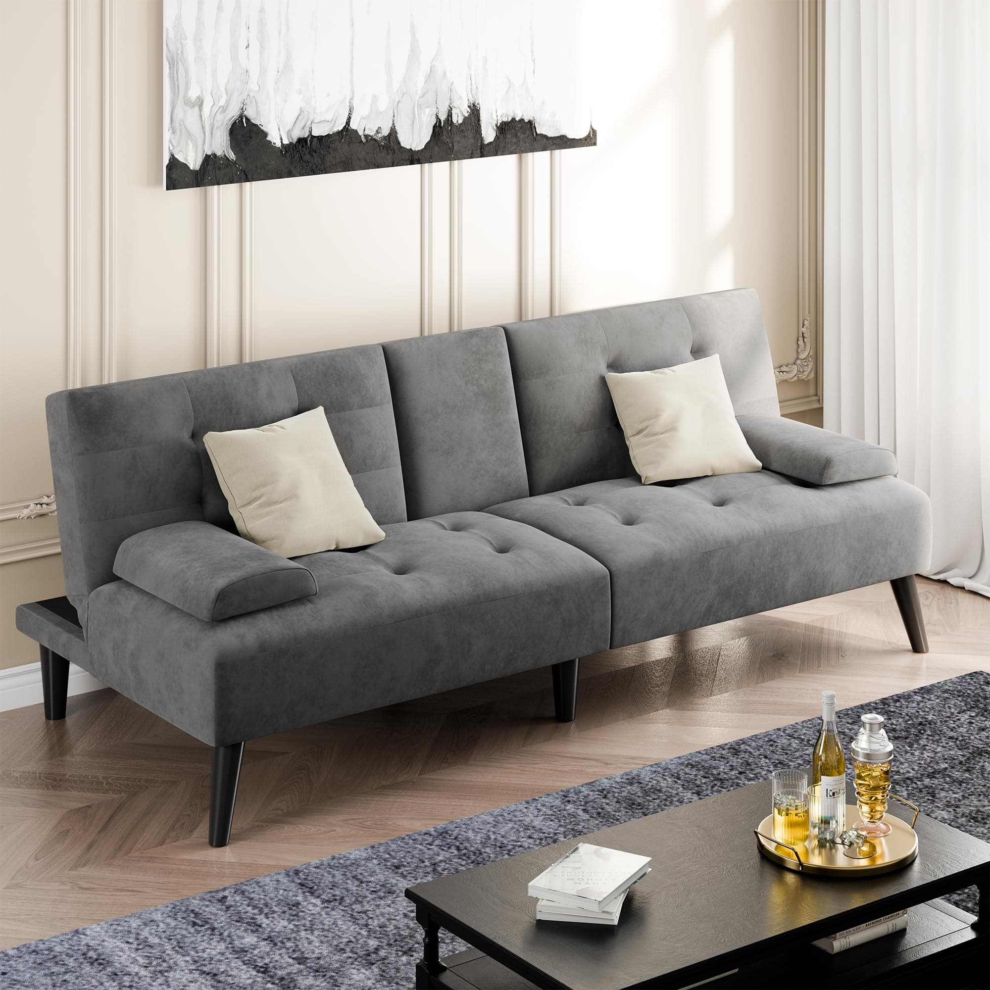 Shintenchi Dark Gray Velvet Reclining Sofa Bed with Foldable Arms