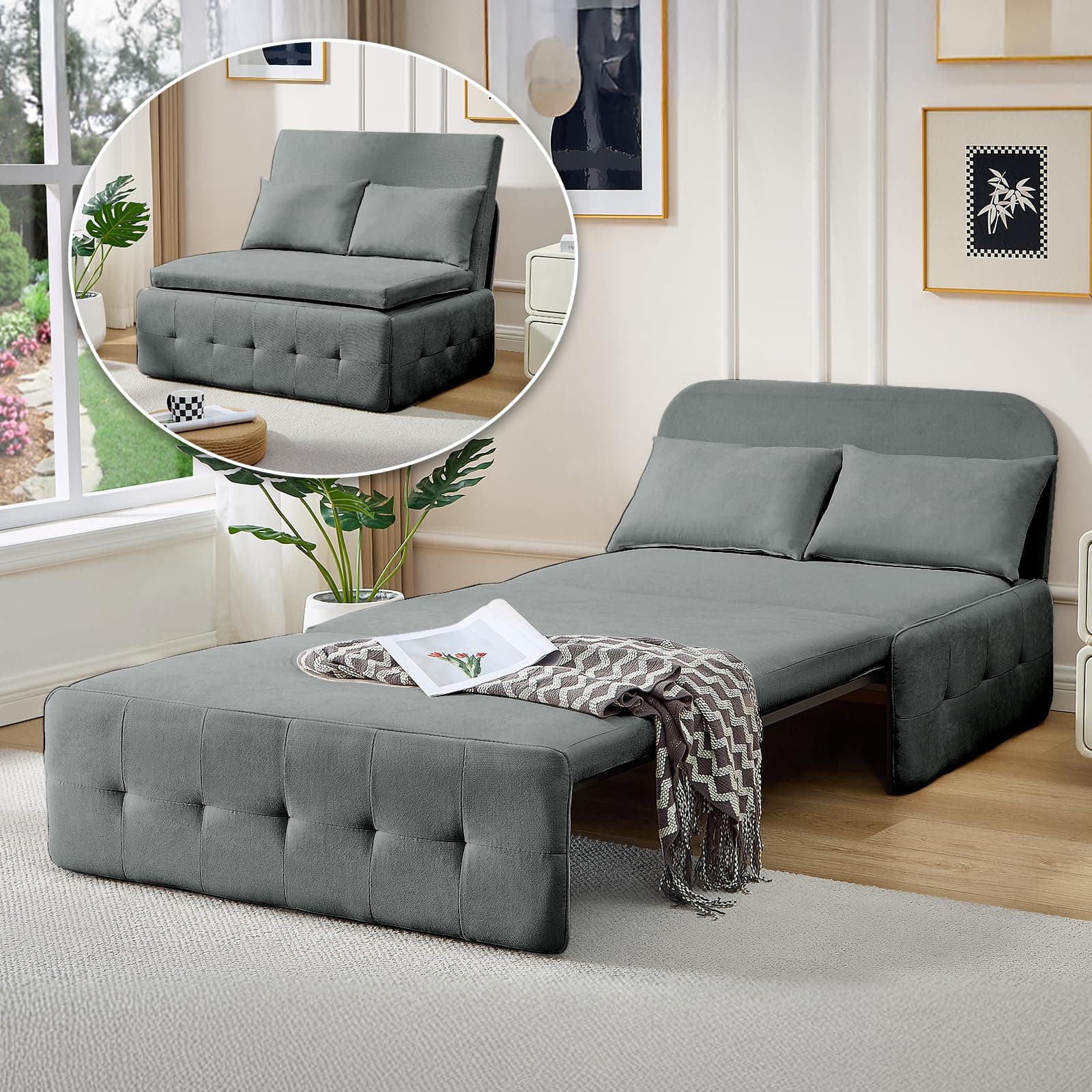 3-in-1 Dark Gray Convertible Sofa Bed, Pull-Out Sleeper Twin Sofa for Living Room, Bedroom