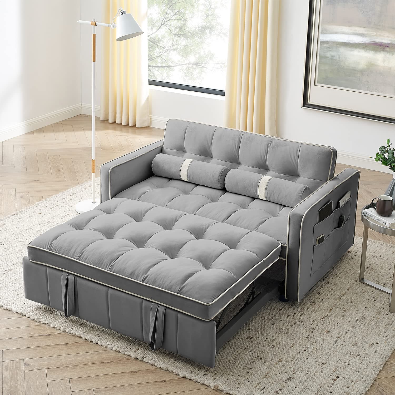 3 in 1 Tufted Velvet Couch Bed, Grey, 55.5"