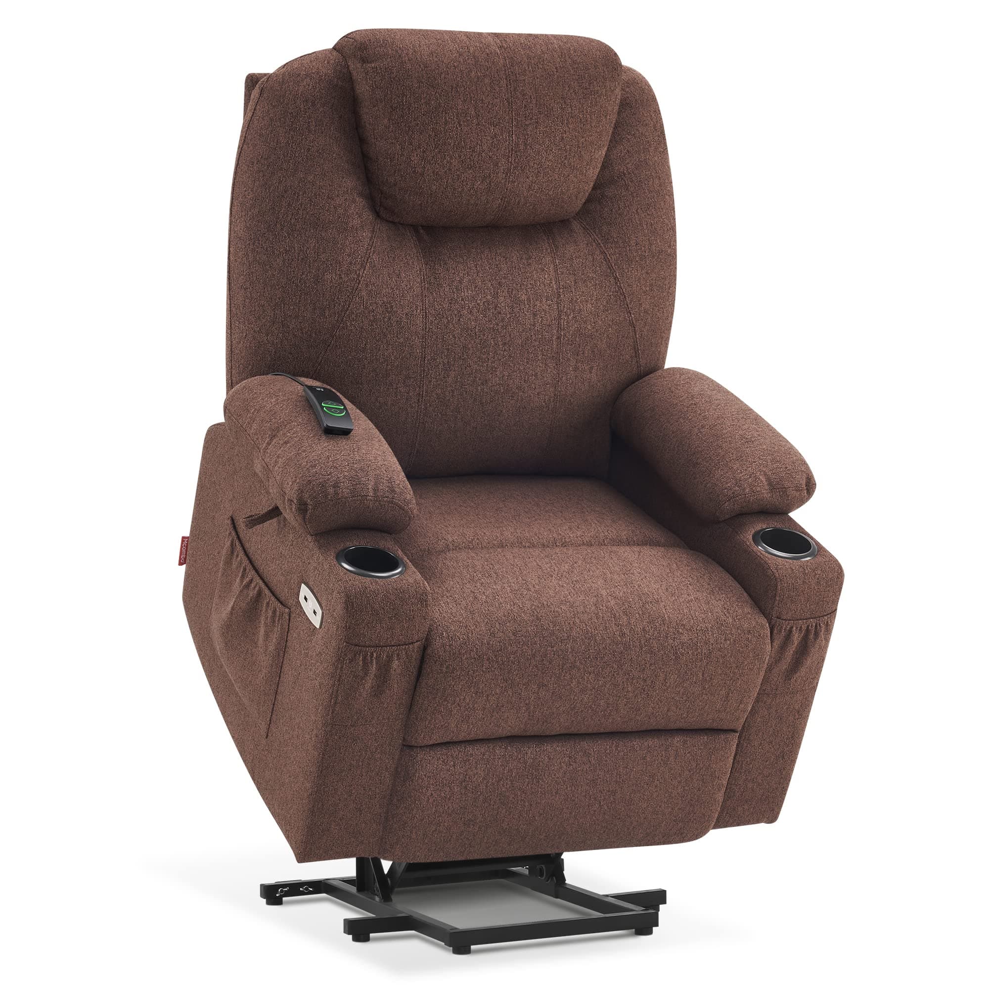 Large Power Recliner Sofa with Massage & Heat, 3 Positions, USB Ports, Extended Footrest, Coffee Fabric 7516