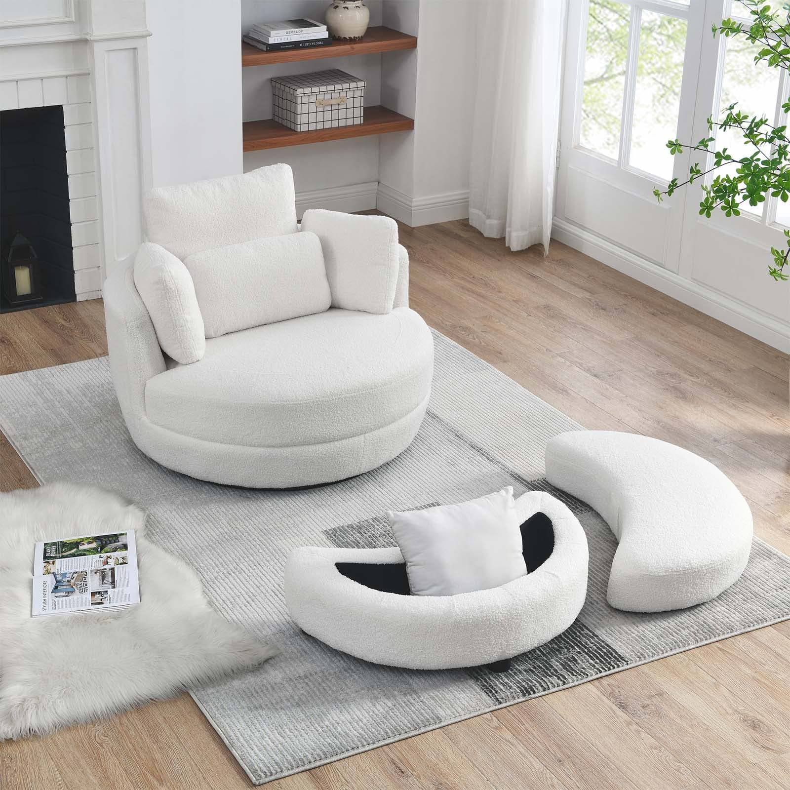 Modern Swivel Chair with Storage Ottoman in White Teddy Fabric