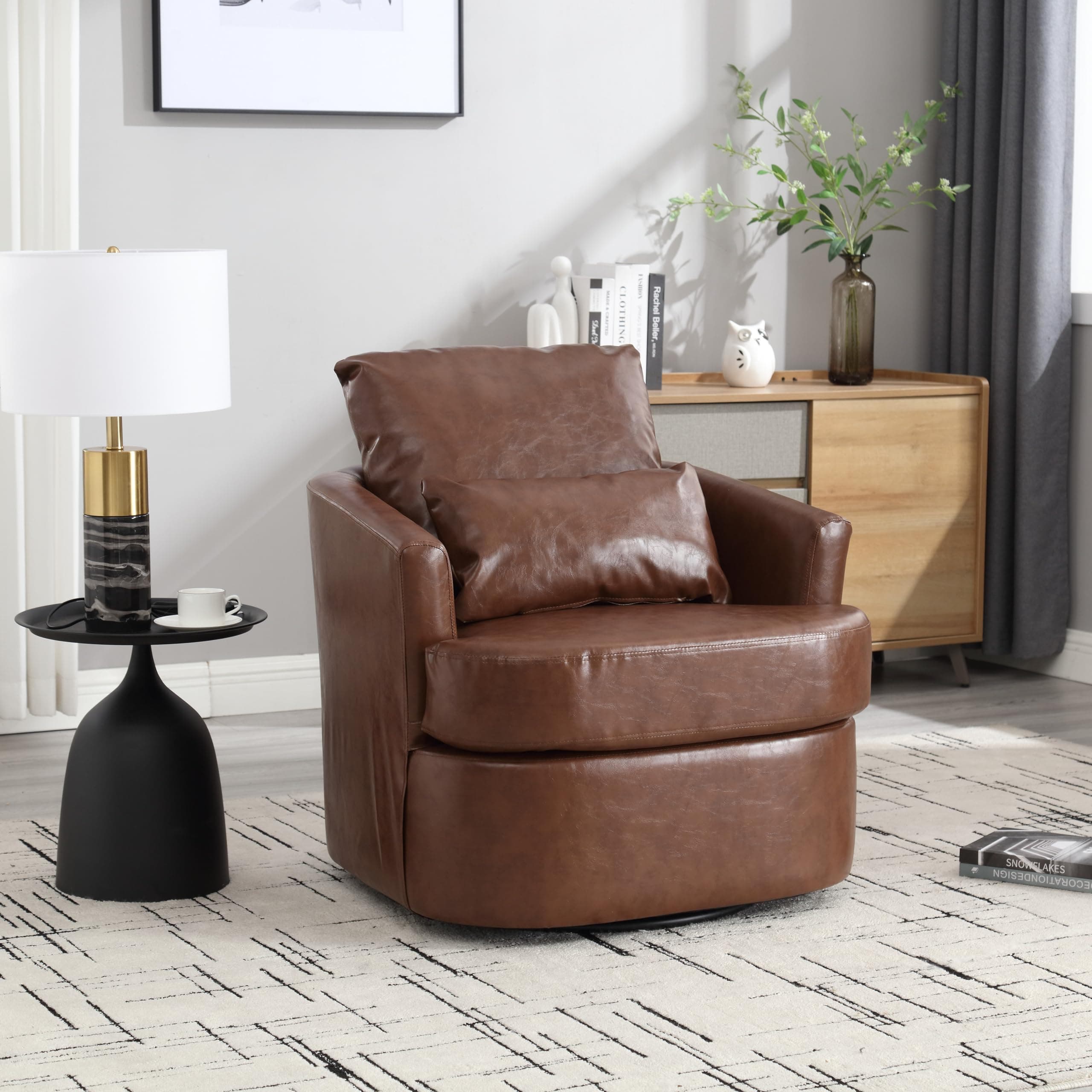 Brown PU Ergonomic Swivel Barrel Chair with Dual Pillow Support