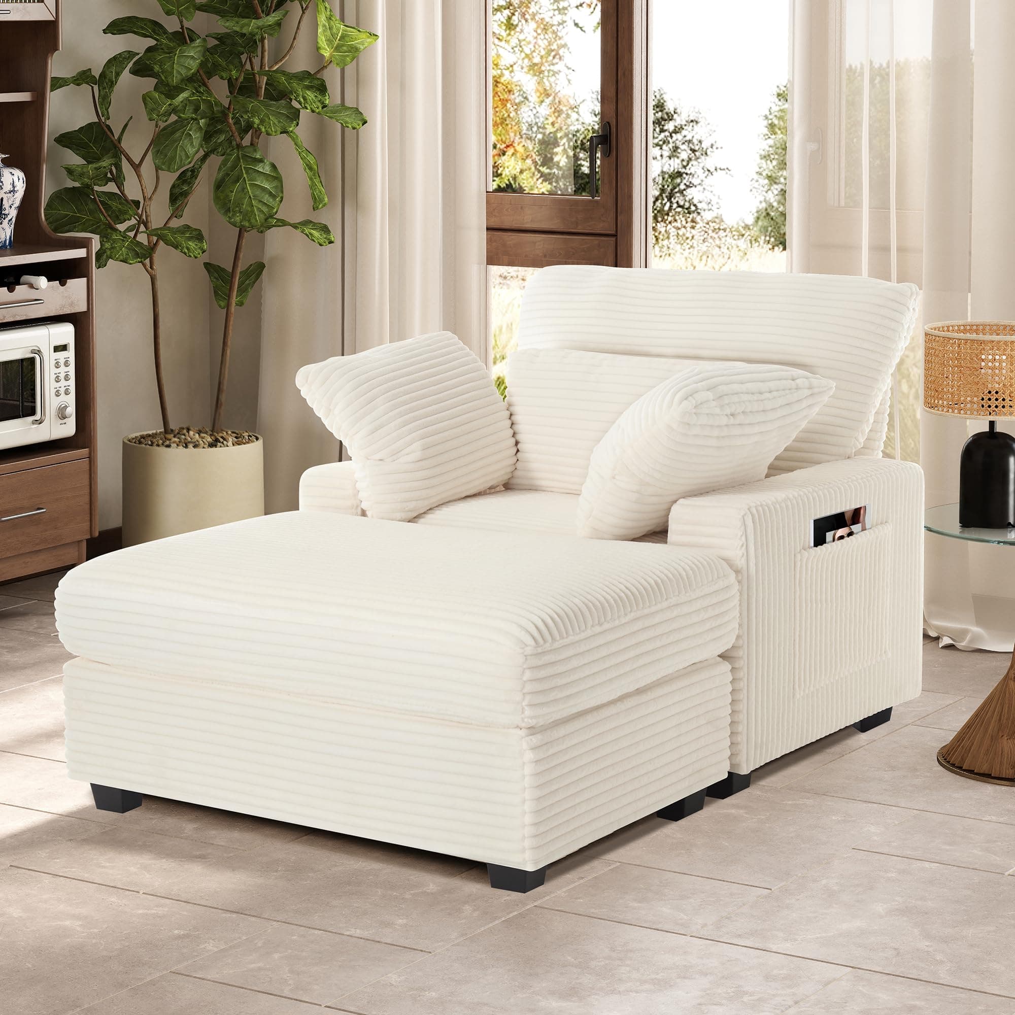 Oversized Indoor Chaise Lounge Chair with Ottoman - 57.5 Corduroy Sofa for Bedroom, Living Room, Office (Beige)