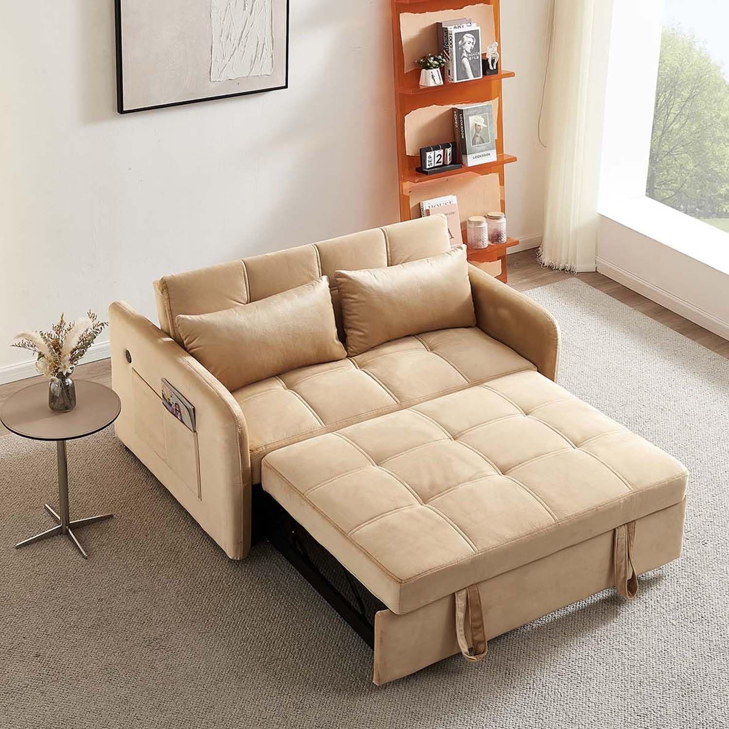 Modern 3-in-1 Tufted Velvet Sleeper Sofa with USB for Small Spaces