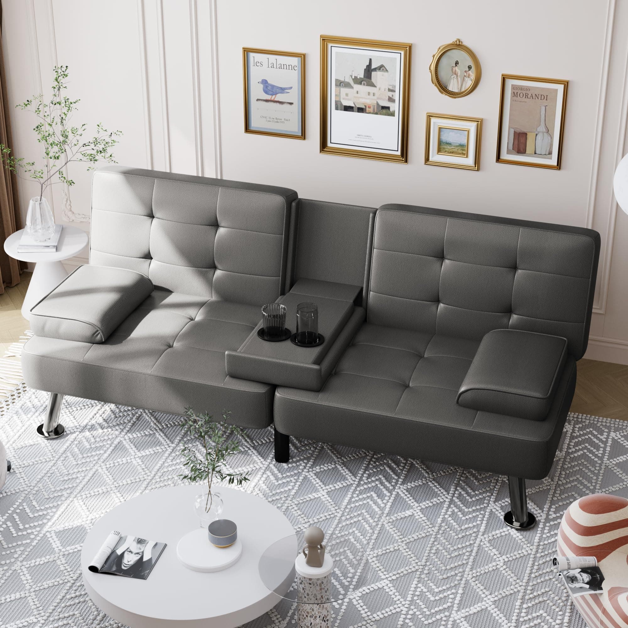 Shahoo Gray Faux Leather Convertible Futon Sofa Bed Couch