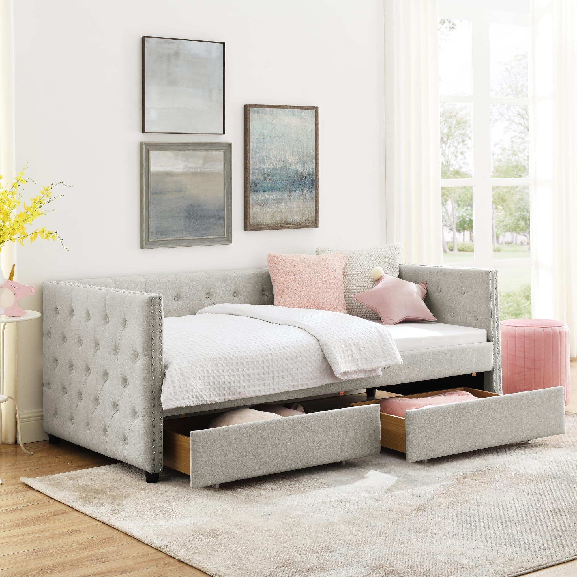 Twin Size Daybed with Storage Drawers, Linen Upholstered Sofa Bed Frame