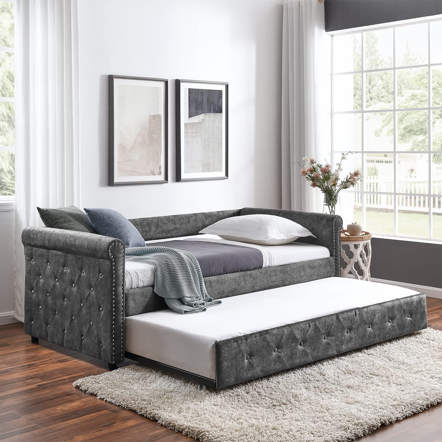 Modern Fabric Upholstered Daybed with Trundle, Twin Size Grey Sofa Bed