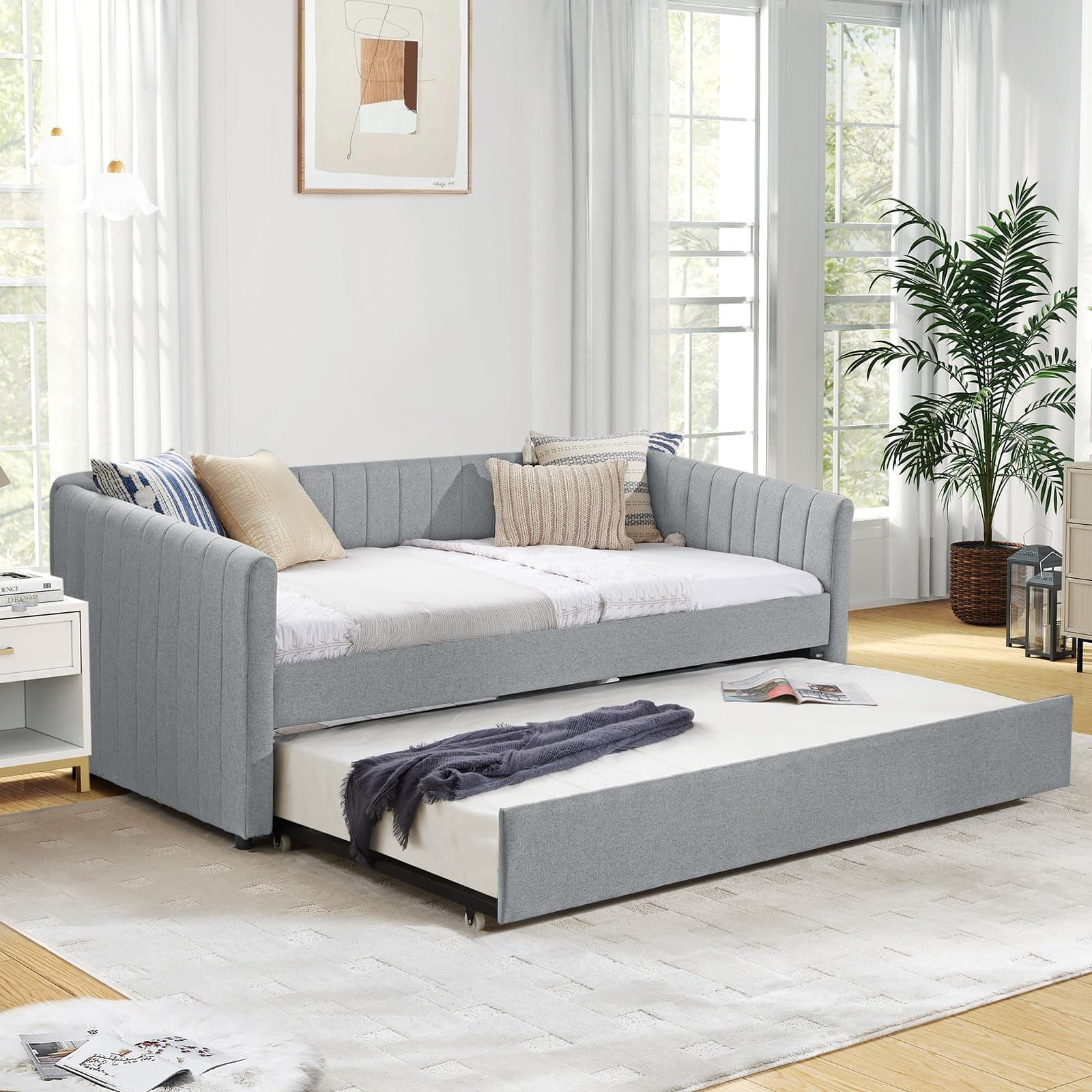 Linen Twin Size Daybed with Trundle - Grey Upholstered Wood Frame for Living Room/Bedroom/Guest Room