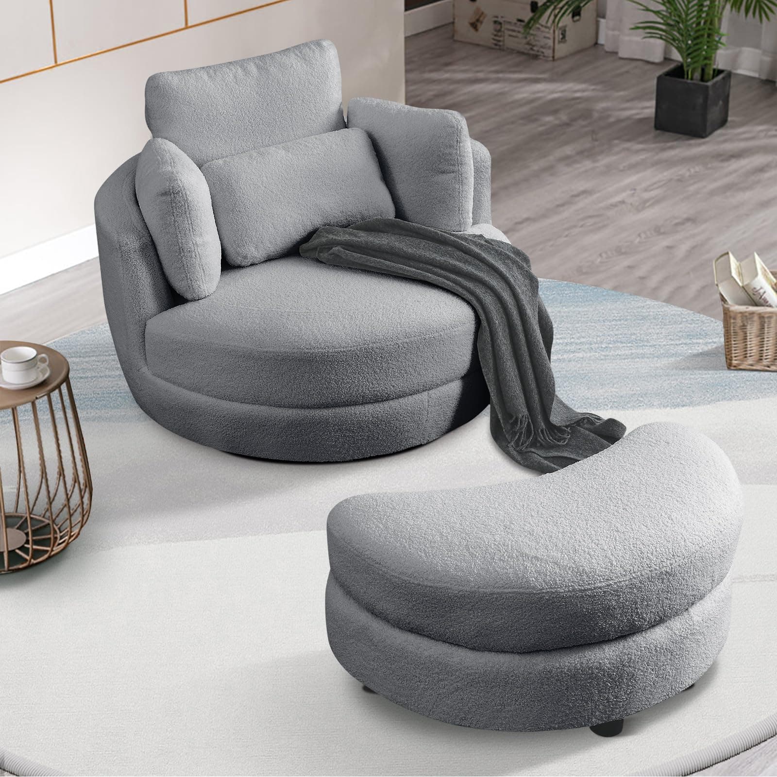 Modern Swivel Accent Chair with Ottoman for Bedroom or Living Room in Grey