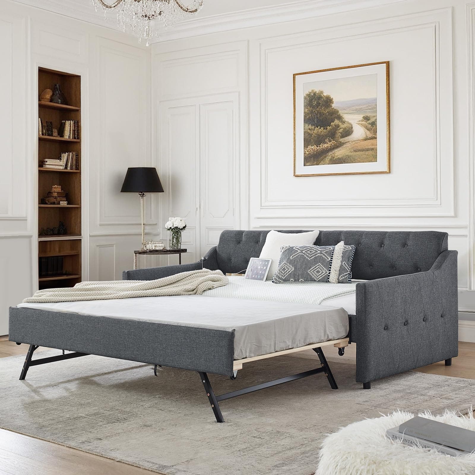 JEEOHEY Dark Grey Twin Day Bed with Pop Up Trundle & USB Port