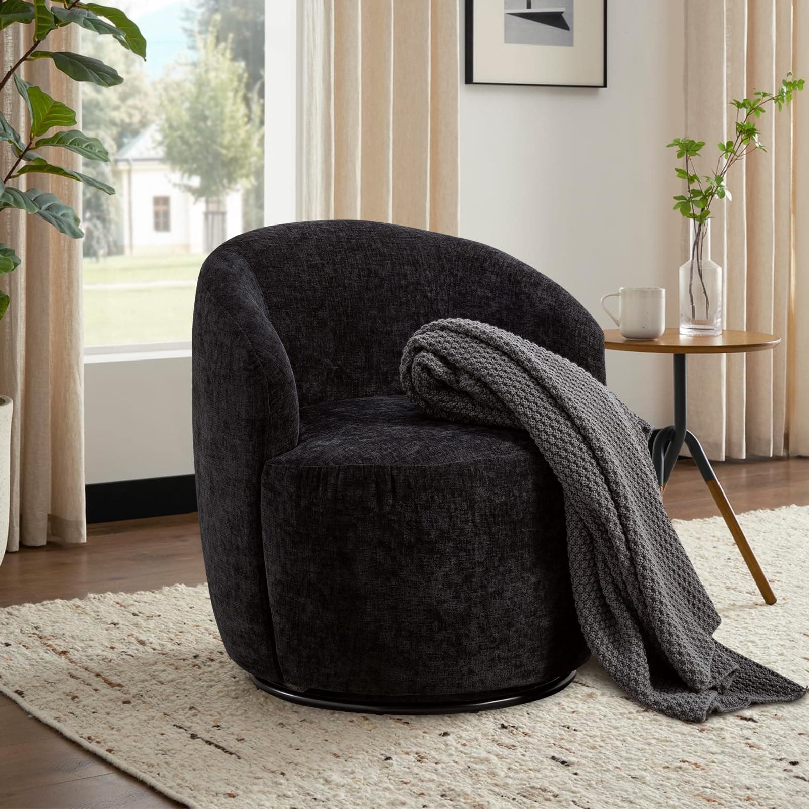 JEEOHEY 360° Swivel Chenille Accent Chair for Living Room, Bedroom, Nursery (Black)
