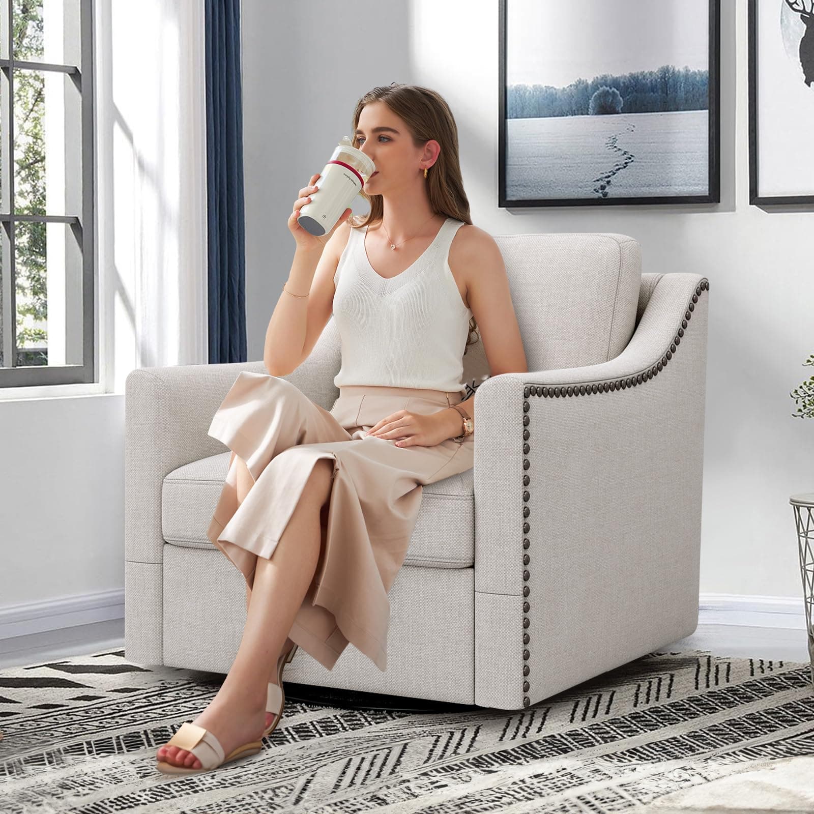 Modern Swivel Barrel Chair, Beige Linen, 360 Degree Rotation