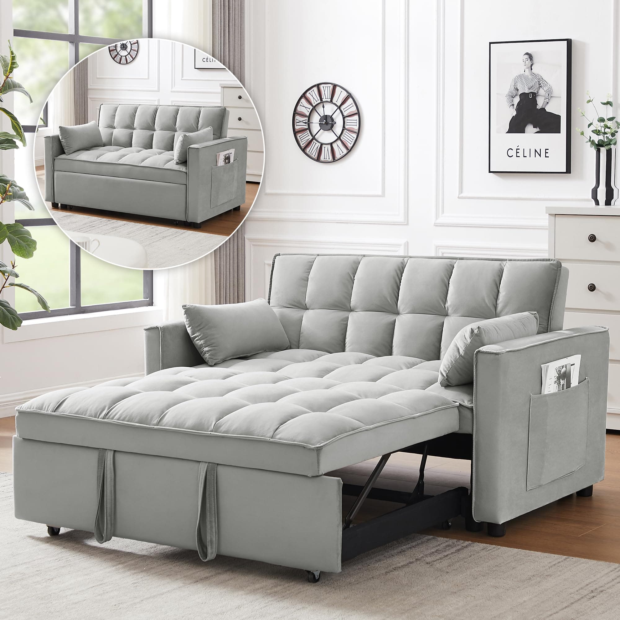 3-in-1 Convertible Living Room Couch Bed, Grey Velvet Fabric | Side Pocket & Adjustable Backrest