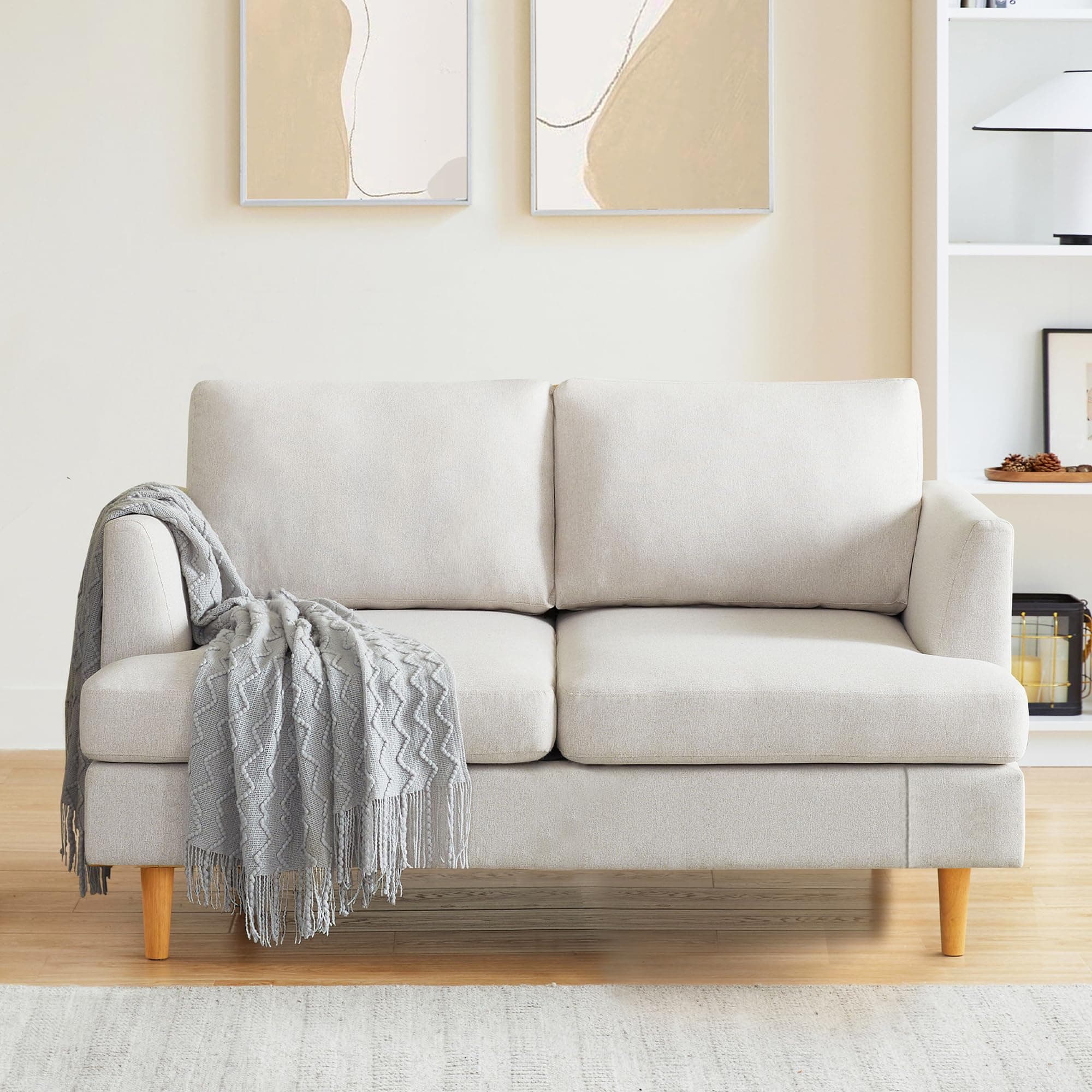 Beige Mid Century Love Seat Couch for Small Spaces