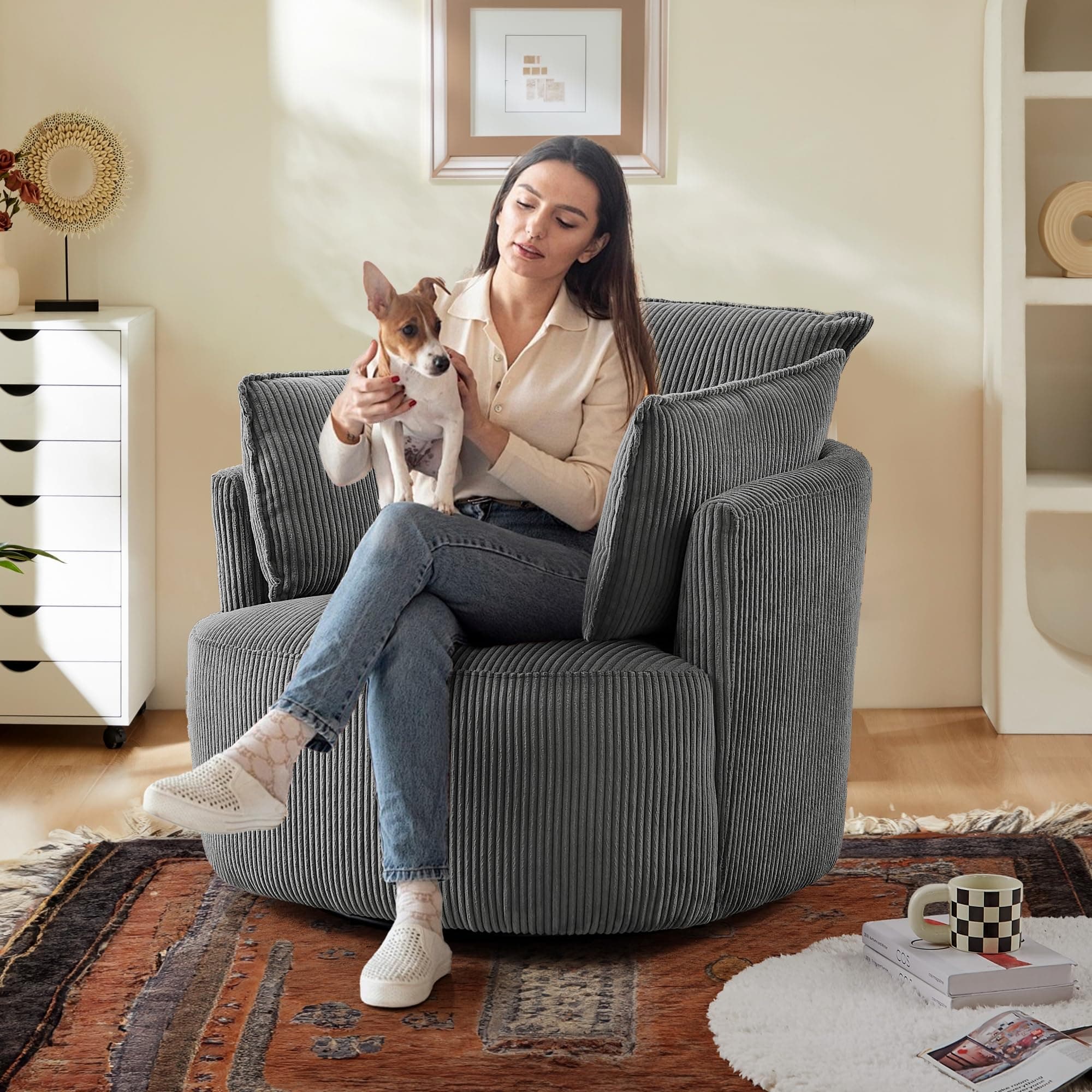 360° Swivel Gray Corduroy Accent Chair with Detachable Cushions
