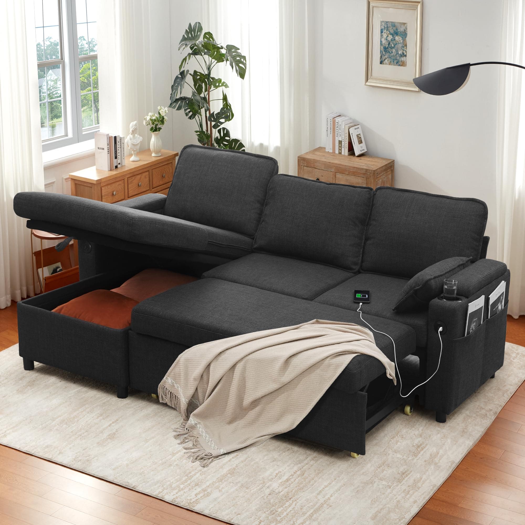 DURASPACE L-Shaped Sleeper Sofa with Storage, USB, and Cup Holder (Dark Gray)