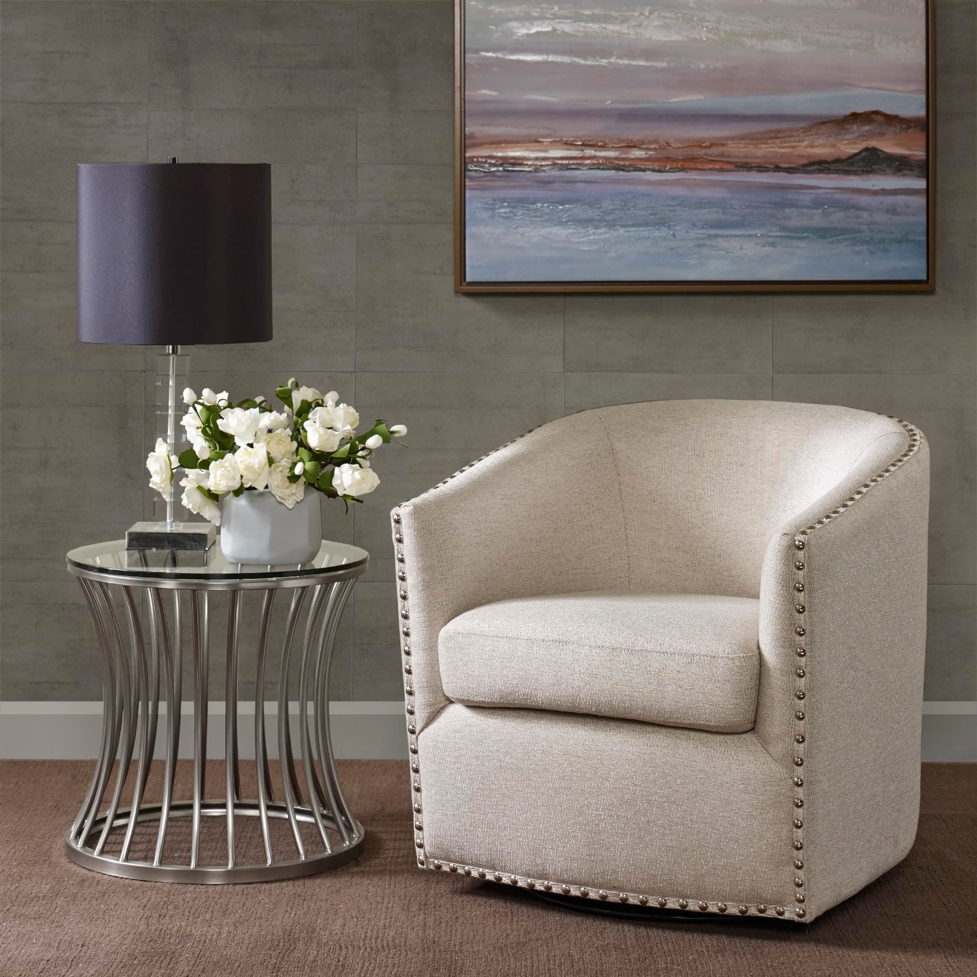 Madison Park Tyler Curved Back Swivel Accent Chair, 7-Inch Cushion, Neutral Tone