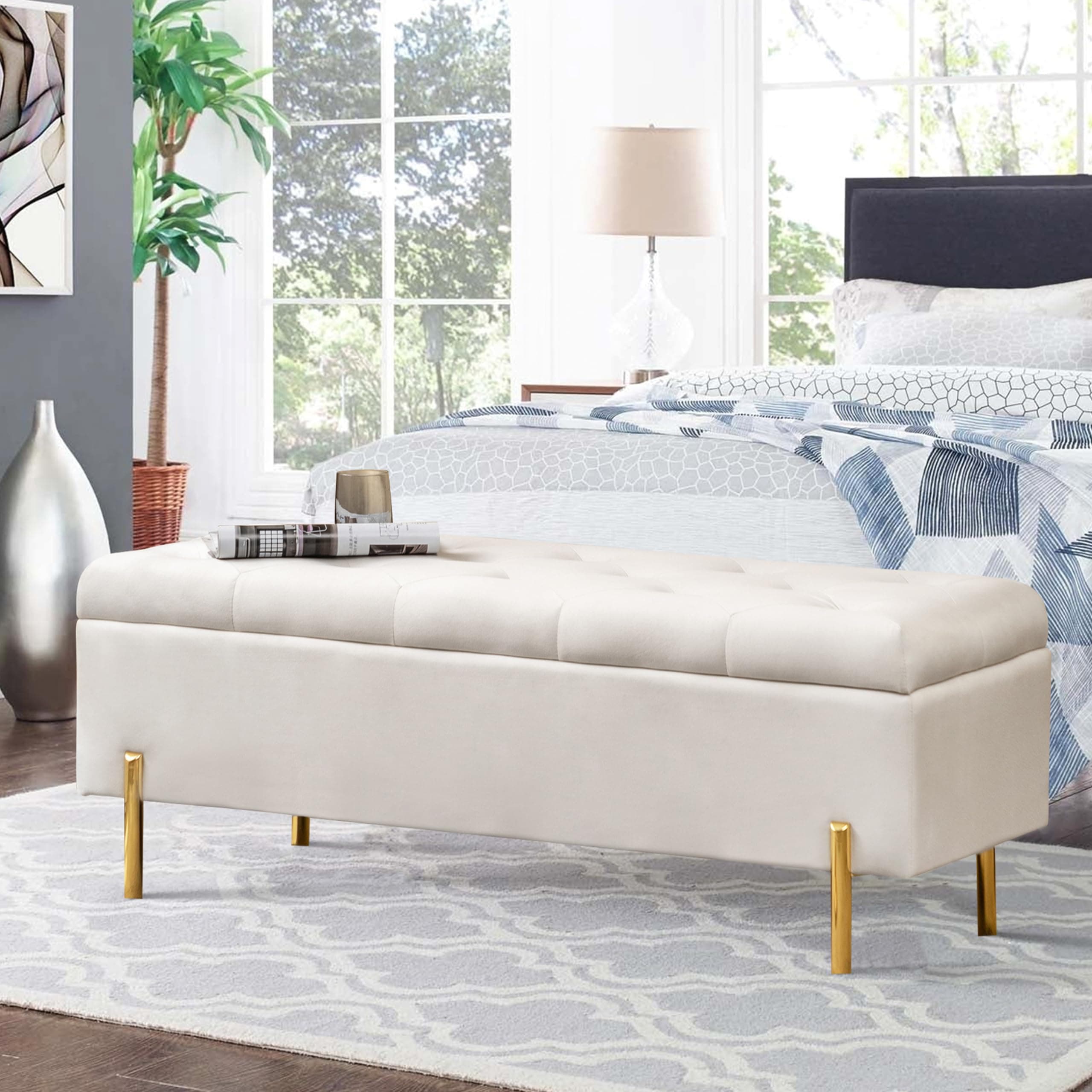 Ivory Upholstered Tufted Velvet Storage Bench for Living Room Entryway
