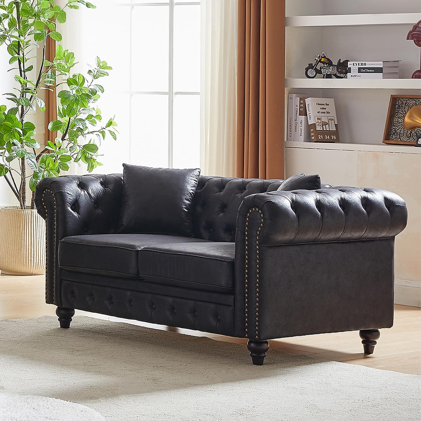 Mid-Century Modern Black 2-Seater Chesterfield Sofa with Nailhead Trim