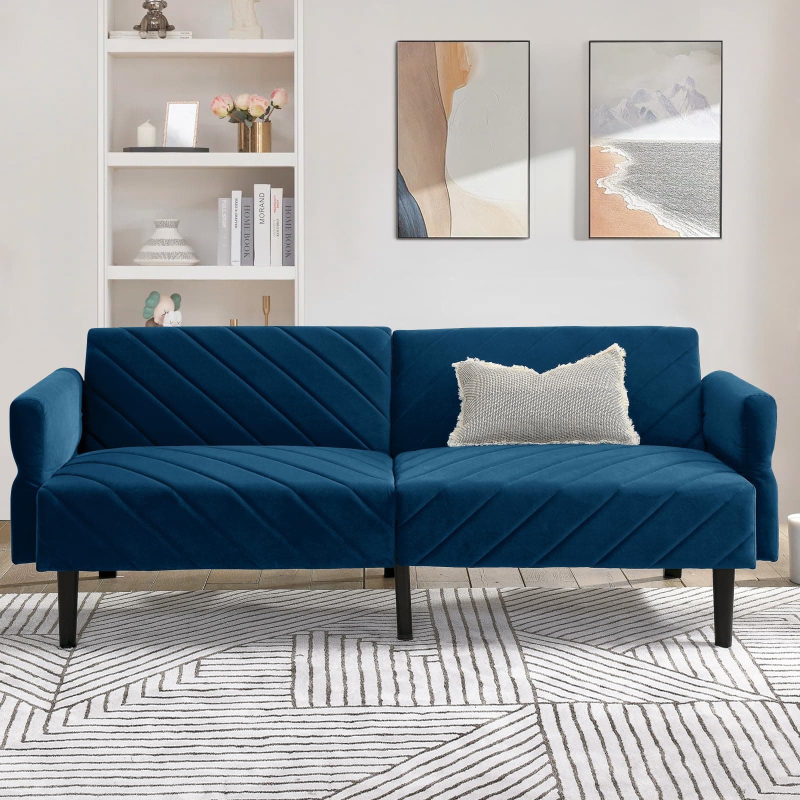 Velvet Futon Sofa Bed with Adjustable Backrest and Armrest, 78 Blue Futon Couch for Living Room and Small Spaces