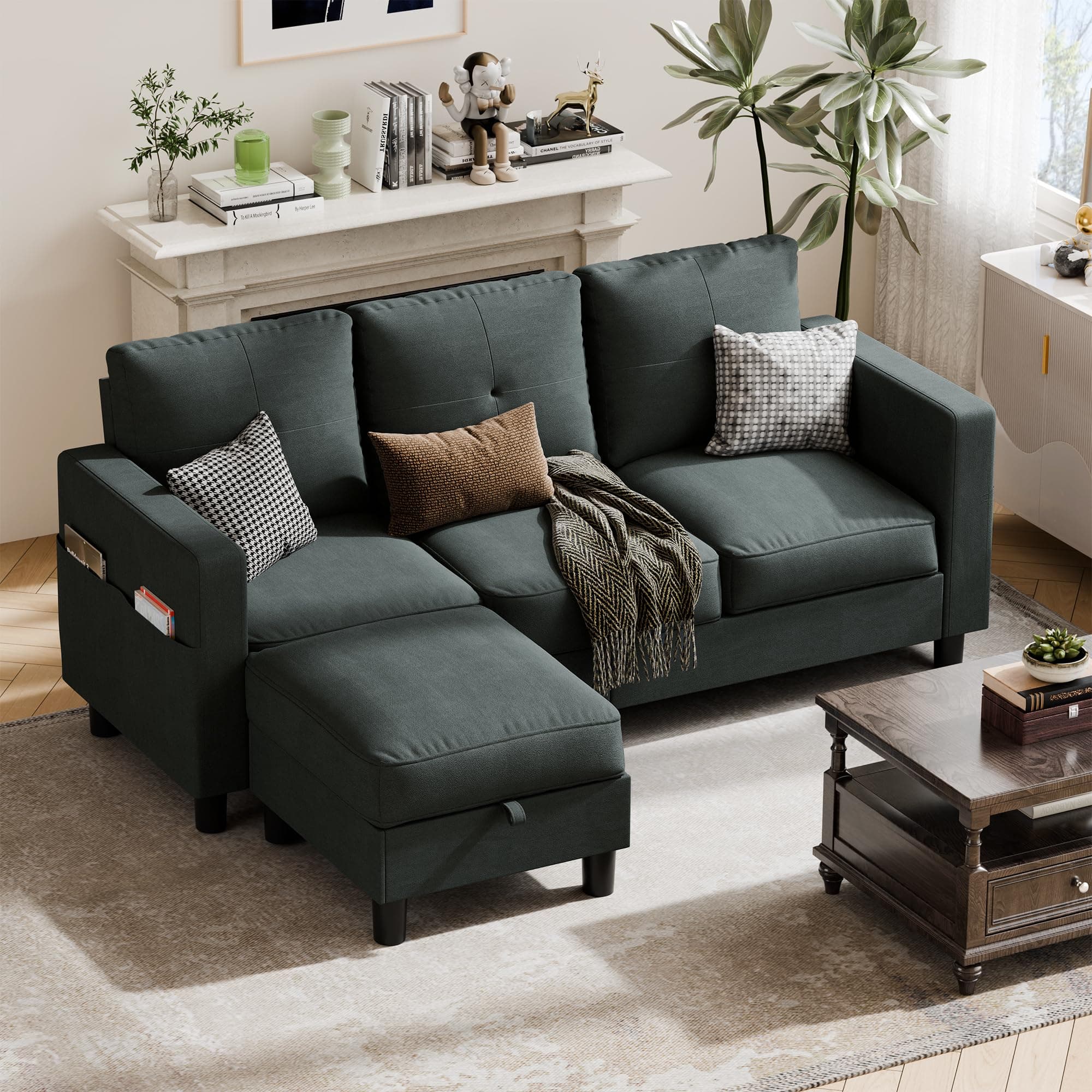 Dark Gray JY Convertible Sectional with L-Shaped Ottoman for Small Spaces