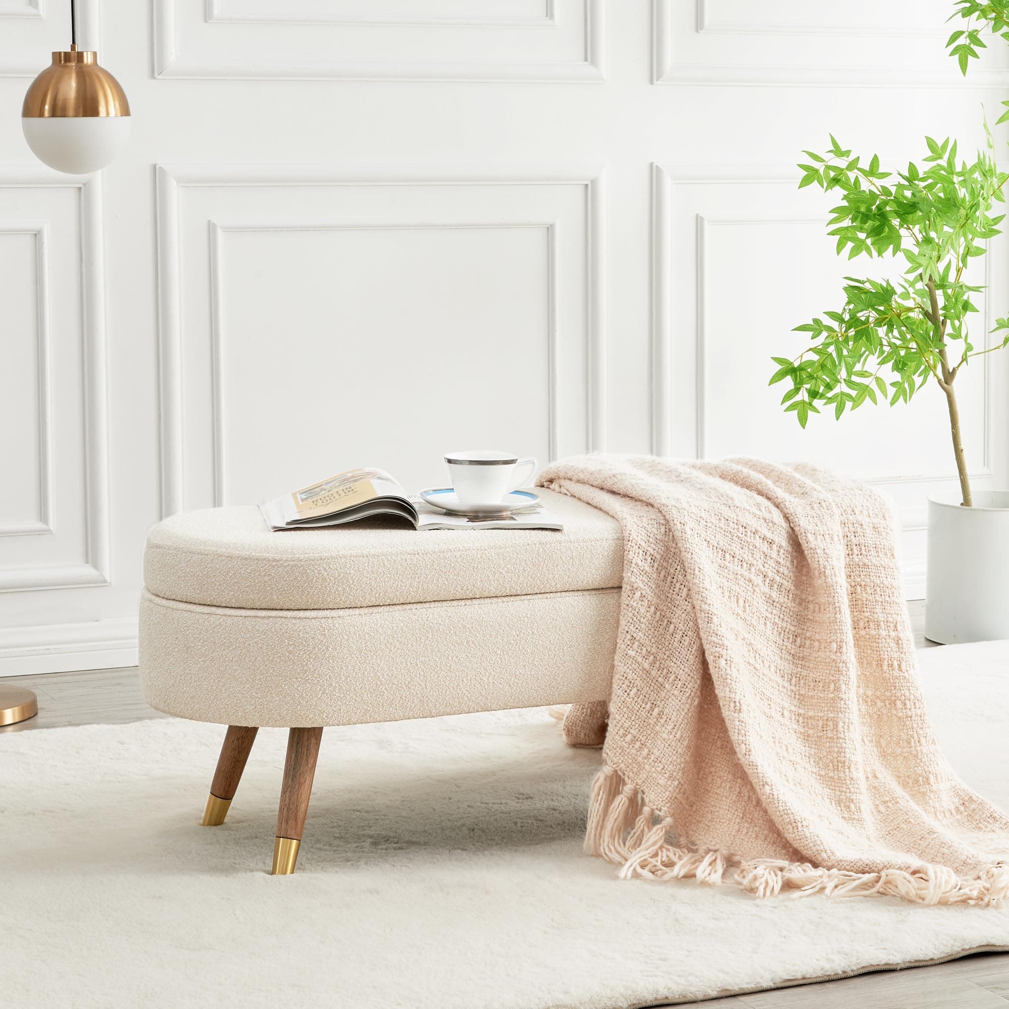 IAFIKE Beige Oval Storage Ottoman Bench with Golden Legs (43.5")
