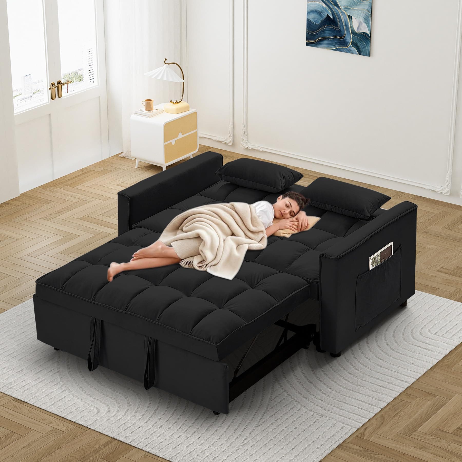 3-in-1 Velvet Convertible Sleeper Sofa Bed, Dark Black-adjustable Backrest