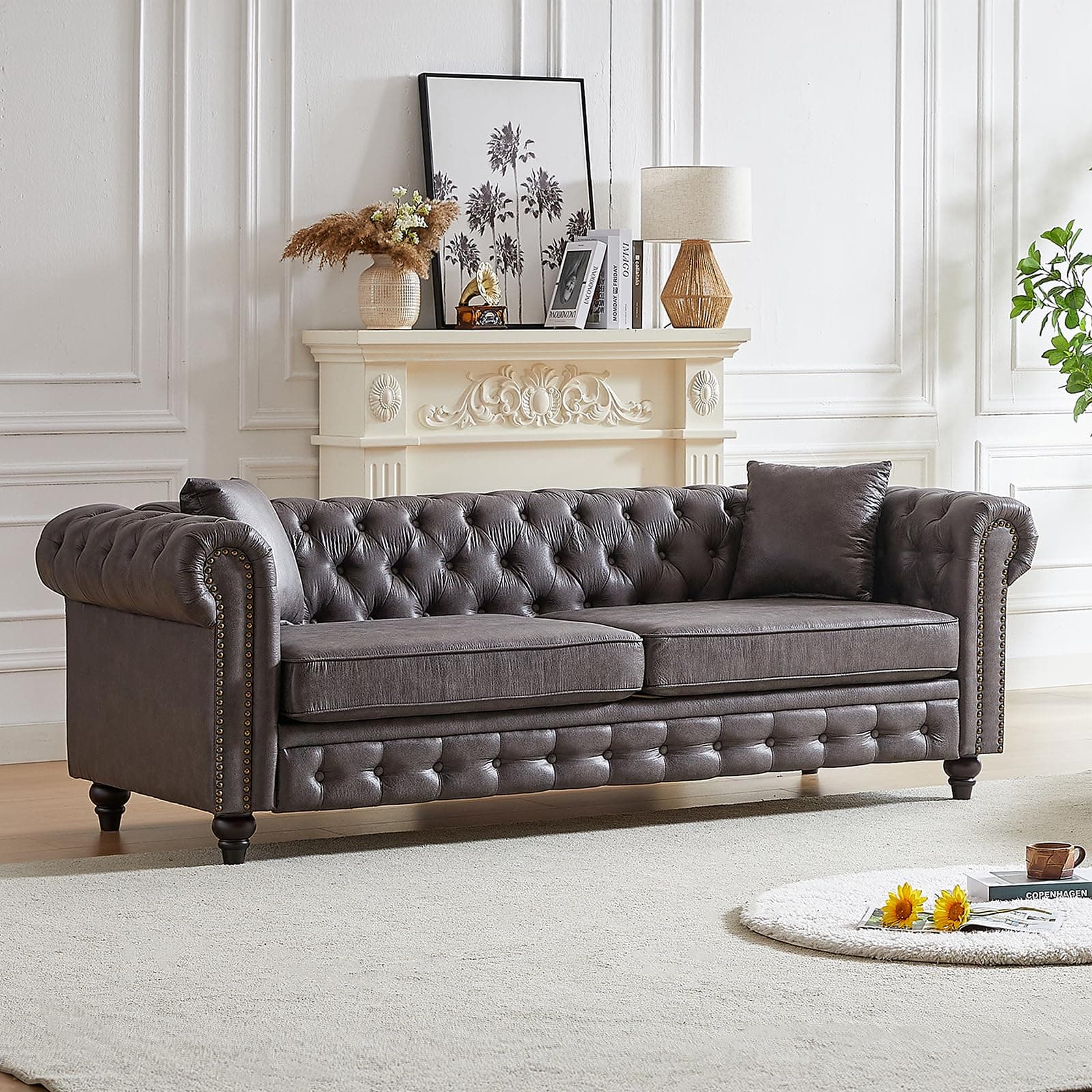 Mid-Century Modern Grey Chesterfield Love Seat Sofa