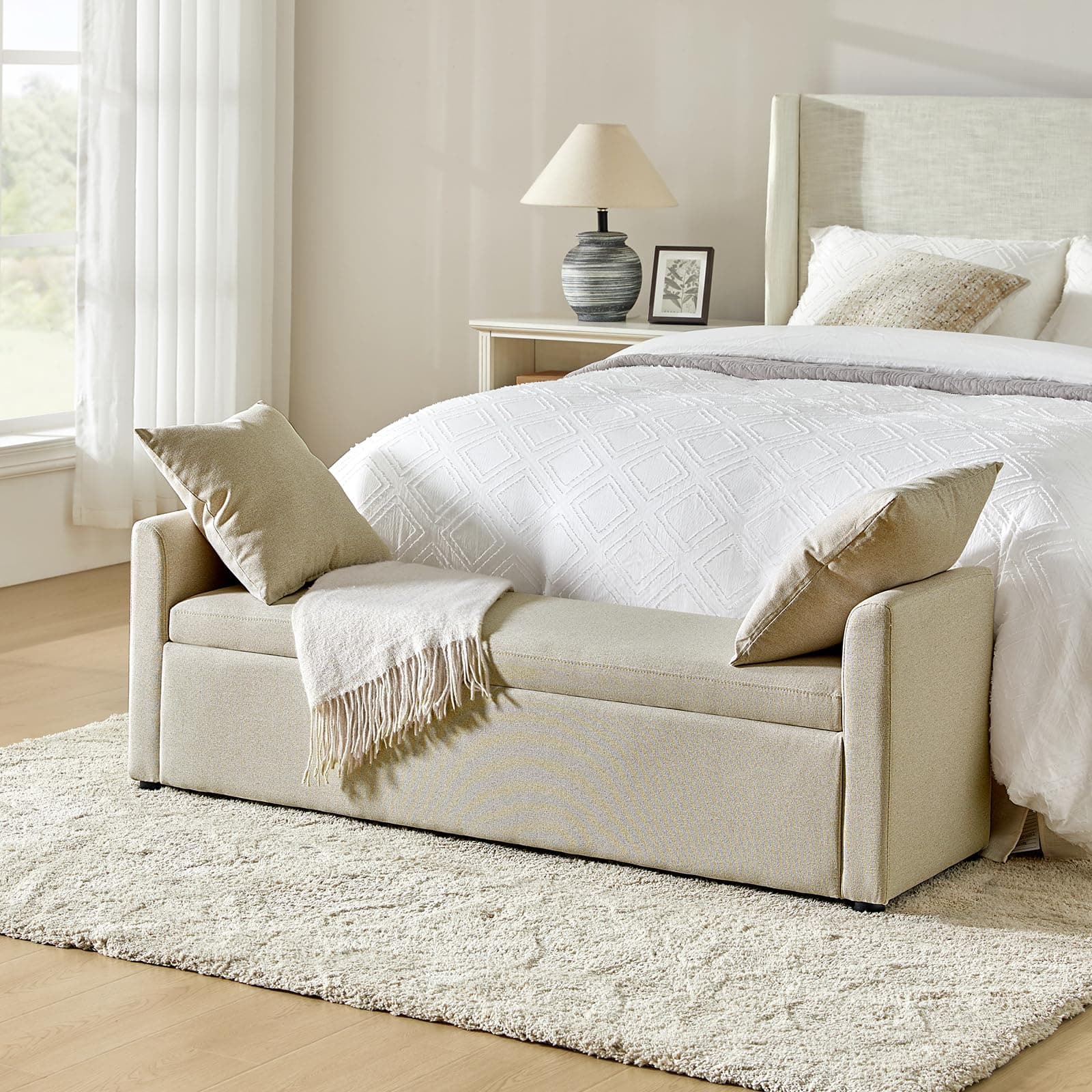 HULALA HOME Beige Modern Storage Bench with Throw Pillows