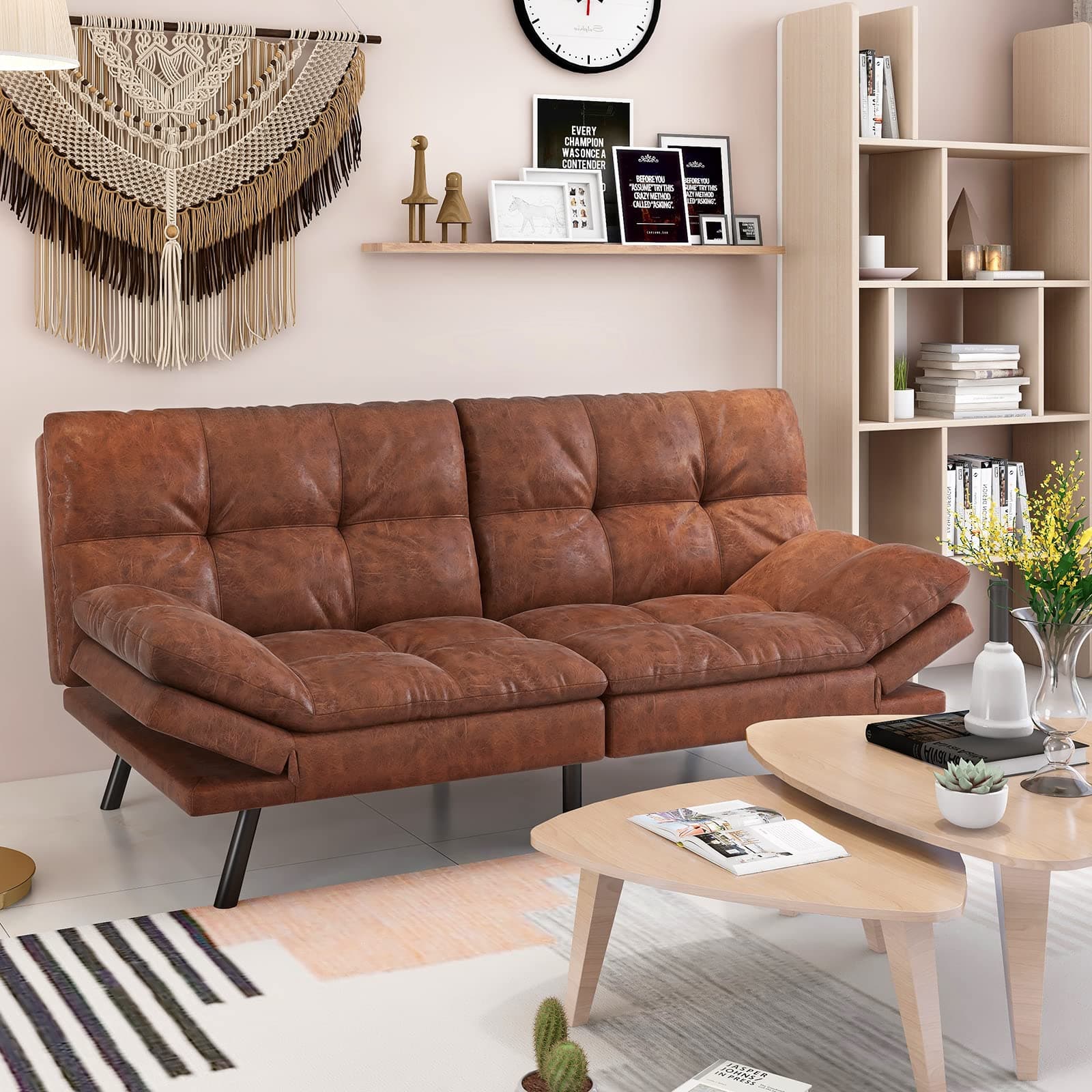 Wood-it Memory Foam Foldable Sofa Bed with Adjustable Armrests, Brown