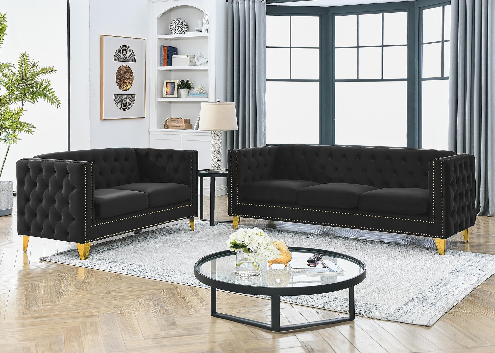 JEEOHEY Chesterfield Velvet 2/3 Seater Sofa, Modern Button Nailhead Furniture