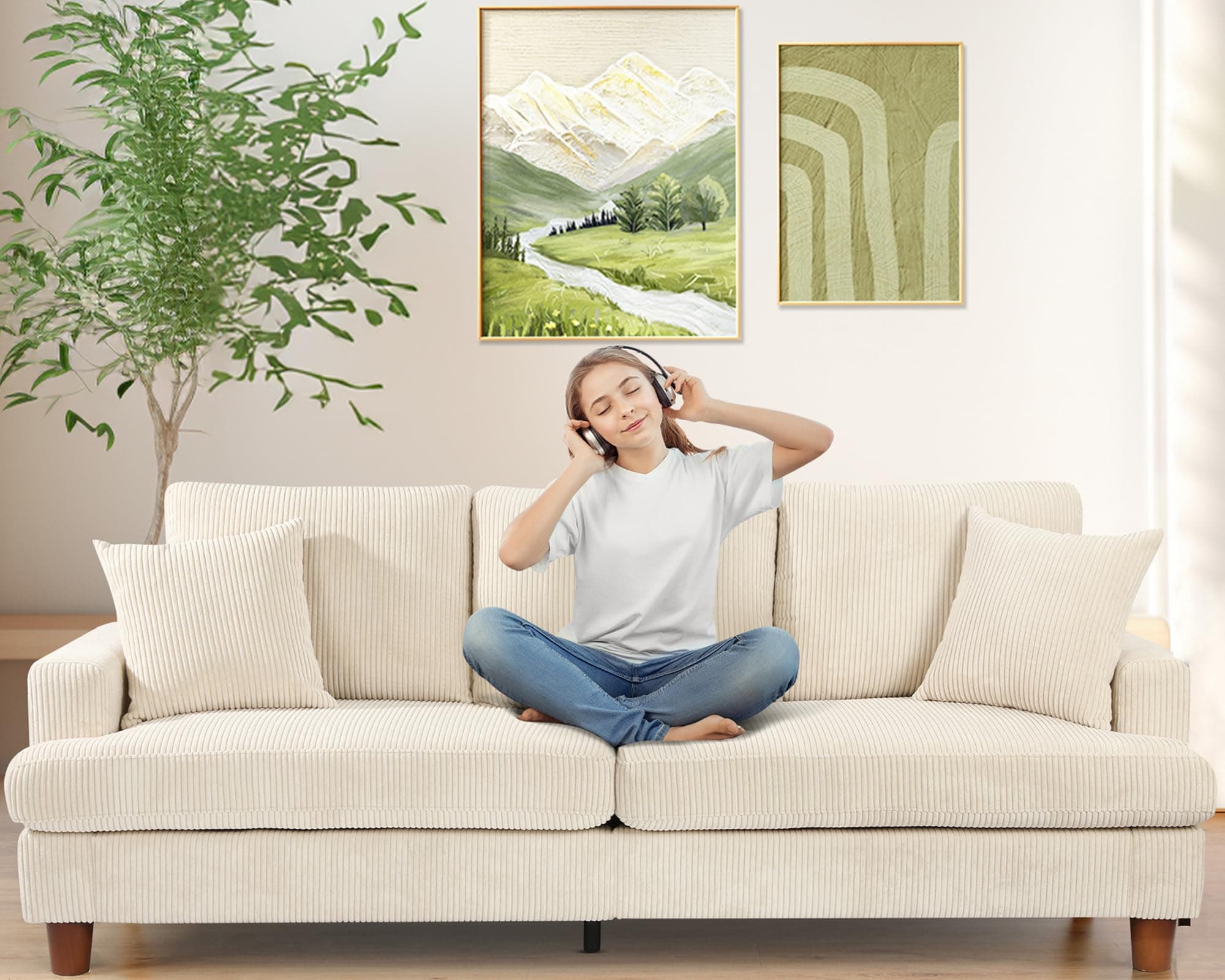 Kidirect Beige White 87in Extra Deep Living Room Sofa, Comfy Corduroy with 2 Pillows