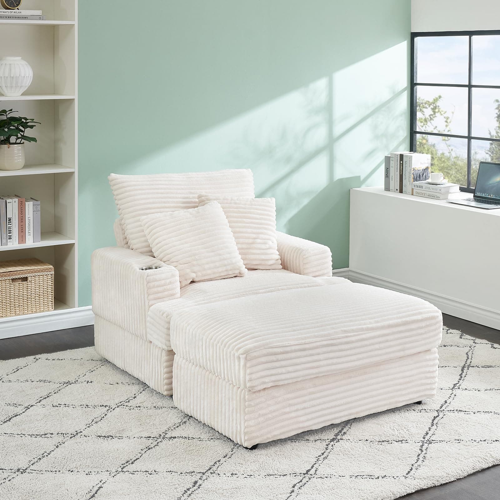 Cozy Chaise Lounge Chair with Ottoman for Indoor, Modern Deep Seat Sofa (White)