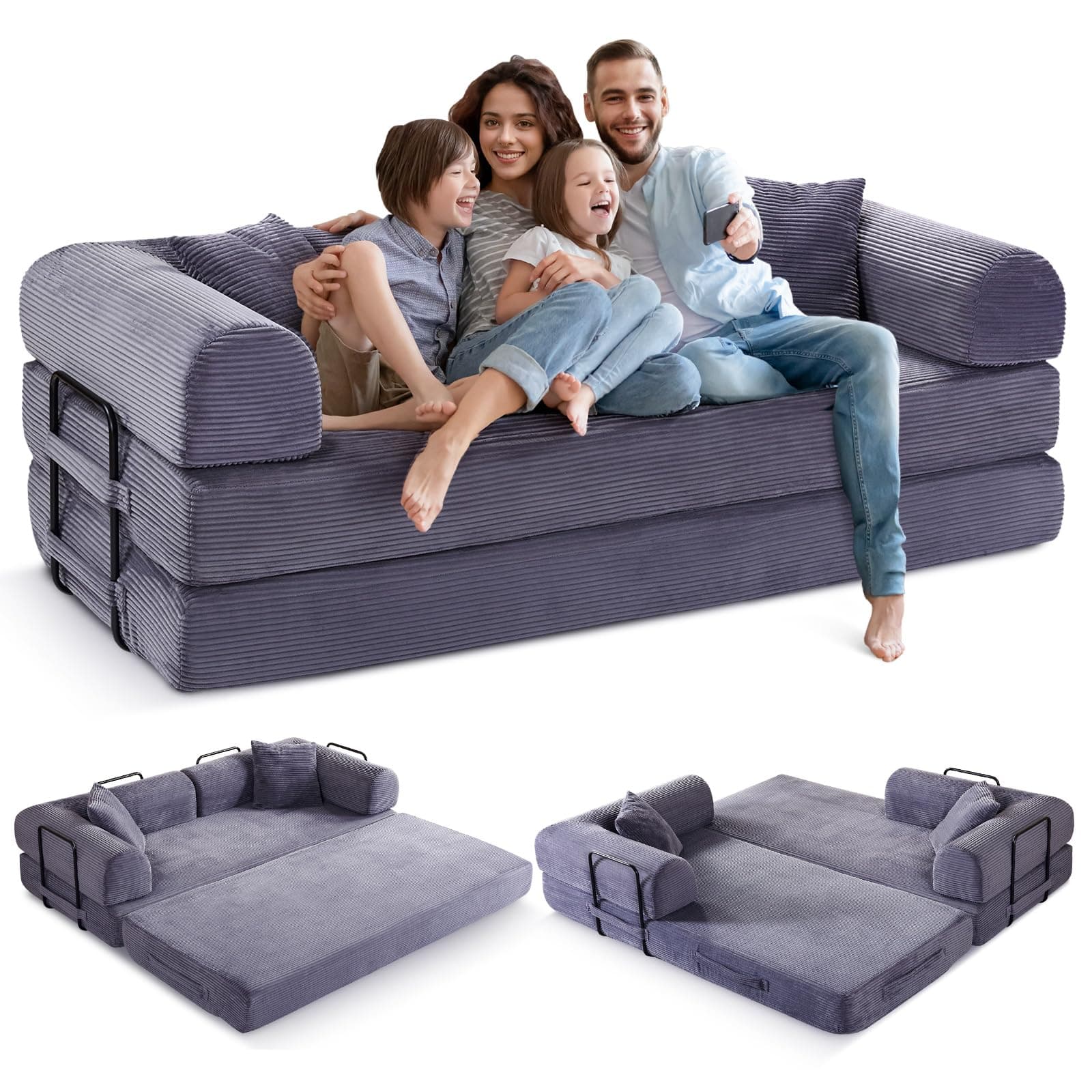 Grey Convertible Sleeper Sofa Bed with Memory FoamMattress&Cylindrical Pillows