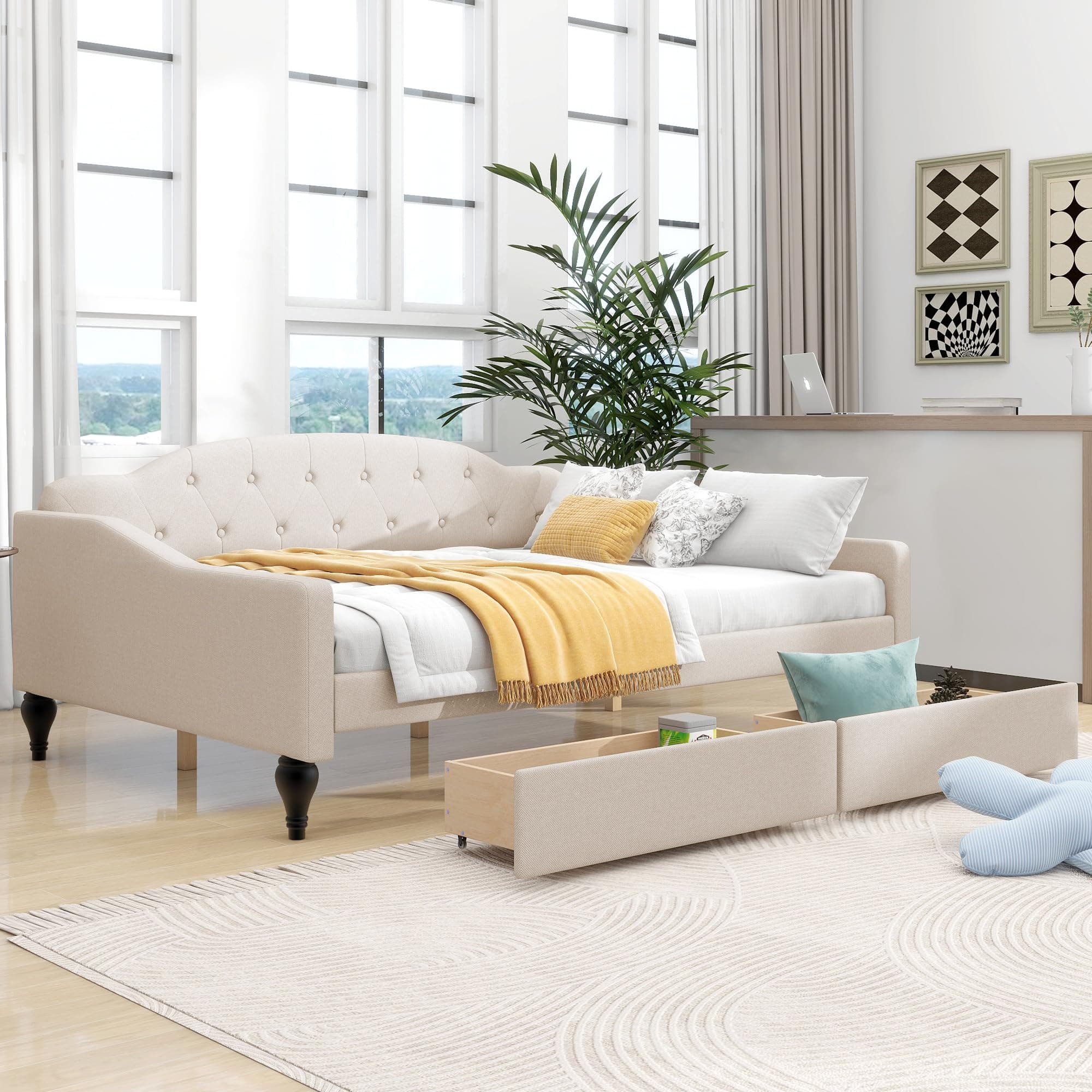 Beige Upholstered Tufted Daybed with Storage, Easy Assembly, No Box Spring Needed