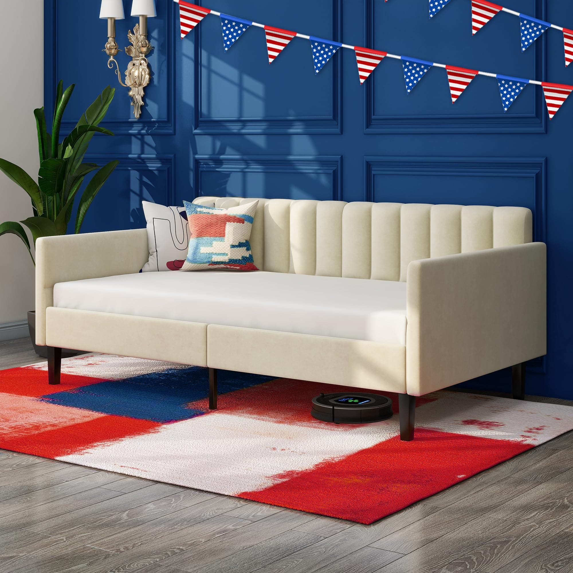 Twin Size Upholstered Daybed with Wood Slat Support in Ivory Velvet