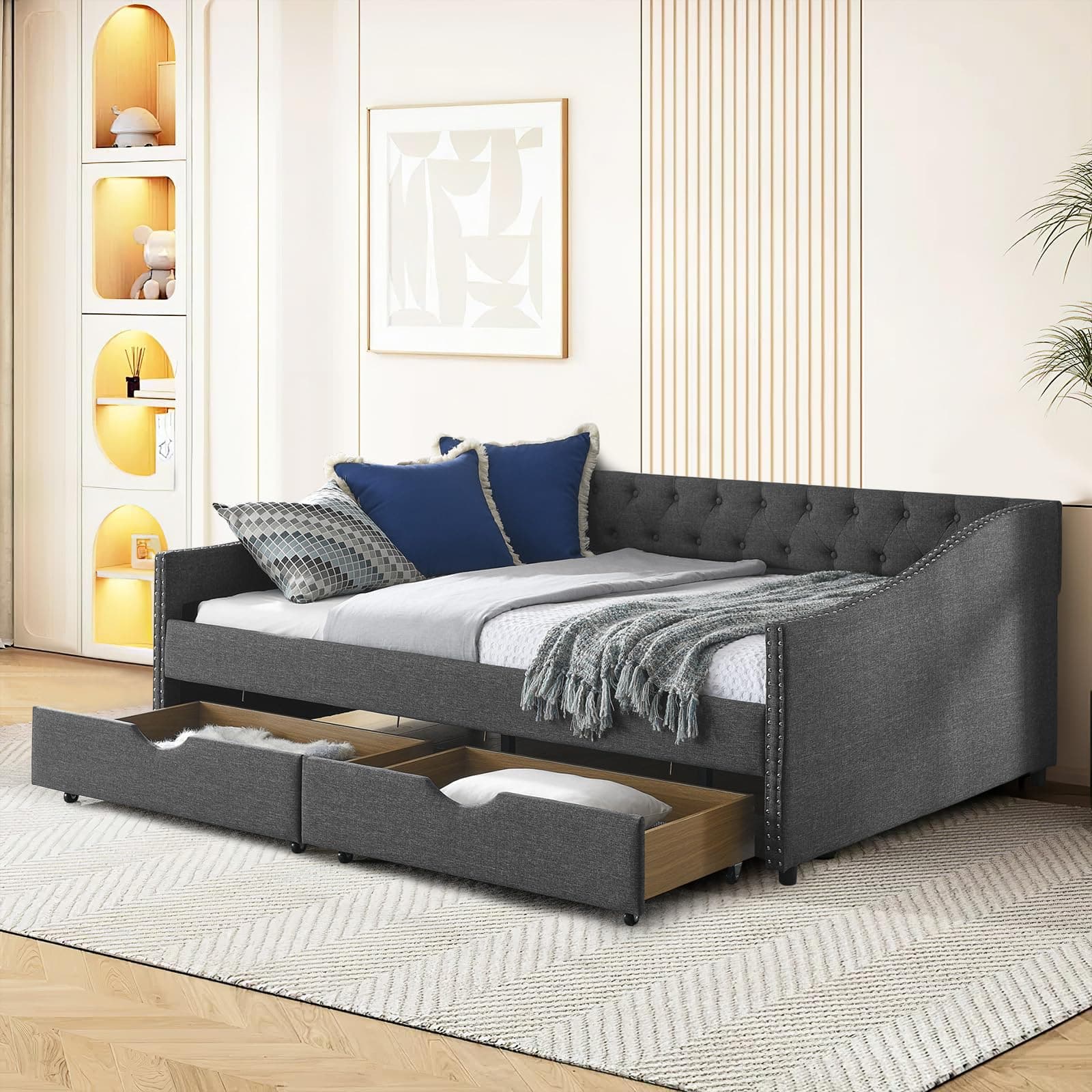 KINFFICT Modern Upholstered Full Size Button-Tufted Daybed with Storage