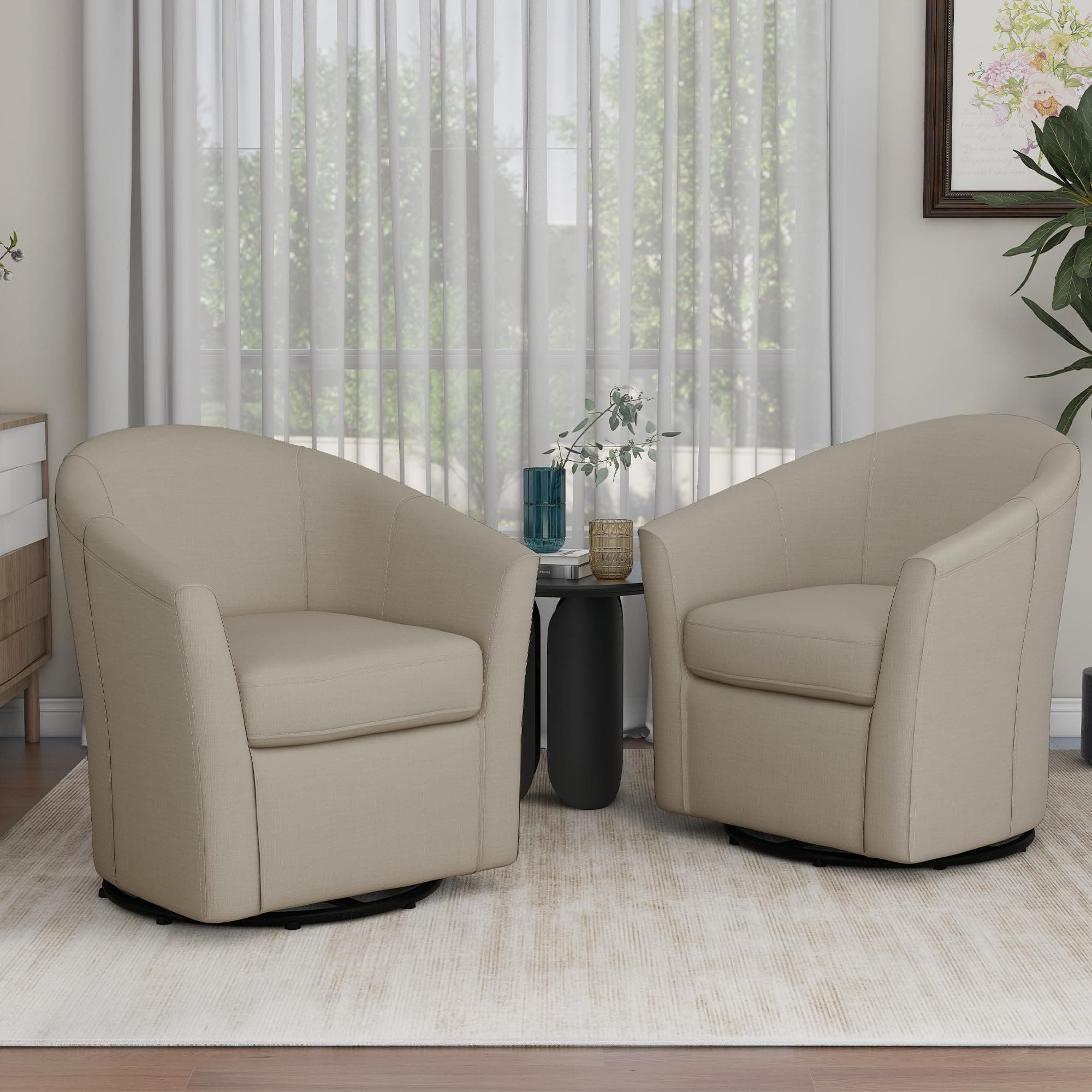 Flax Brown UIXE 360° Swivel Barrel Chair Set (2)fabric Living Room, Bedroom