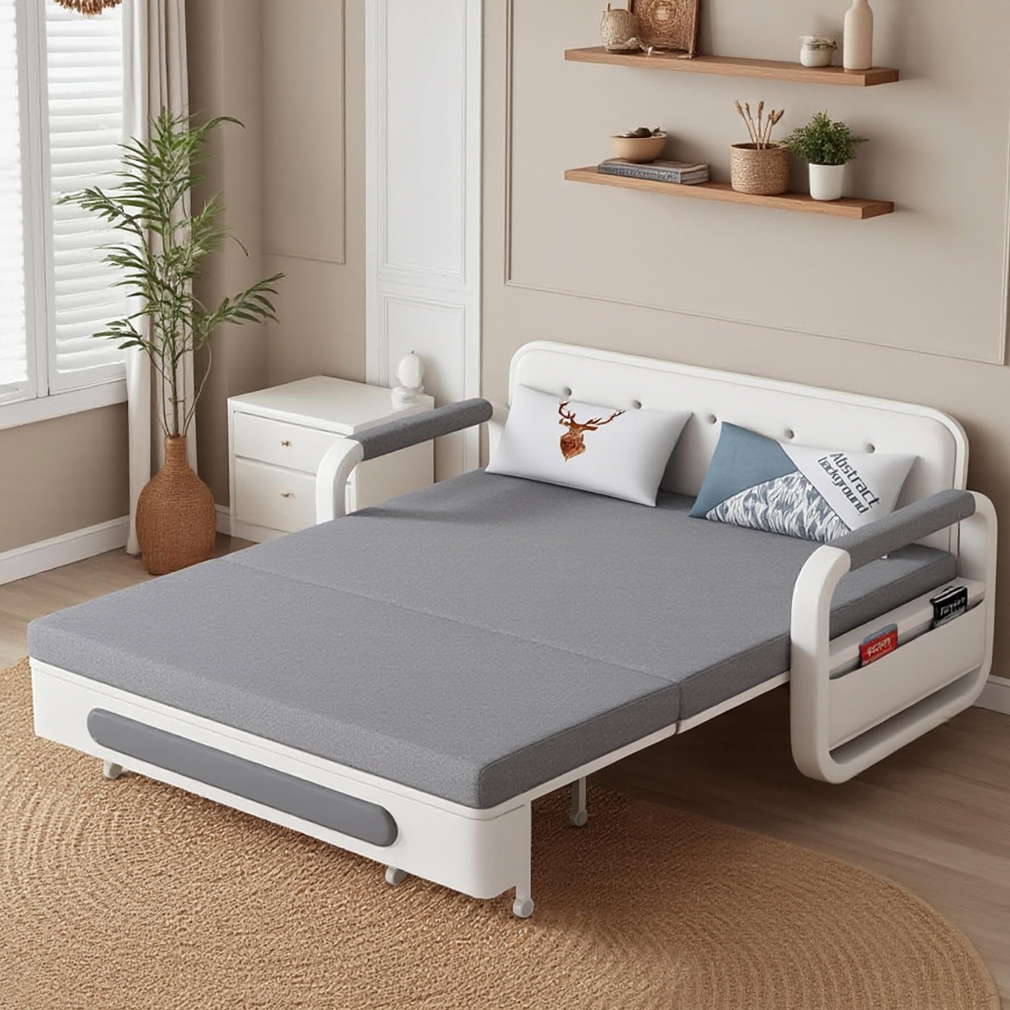 ZioSofa Extendable Sofa Bed with Storage, Dark Grey and White