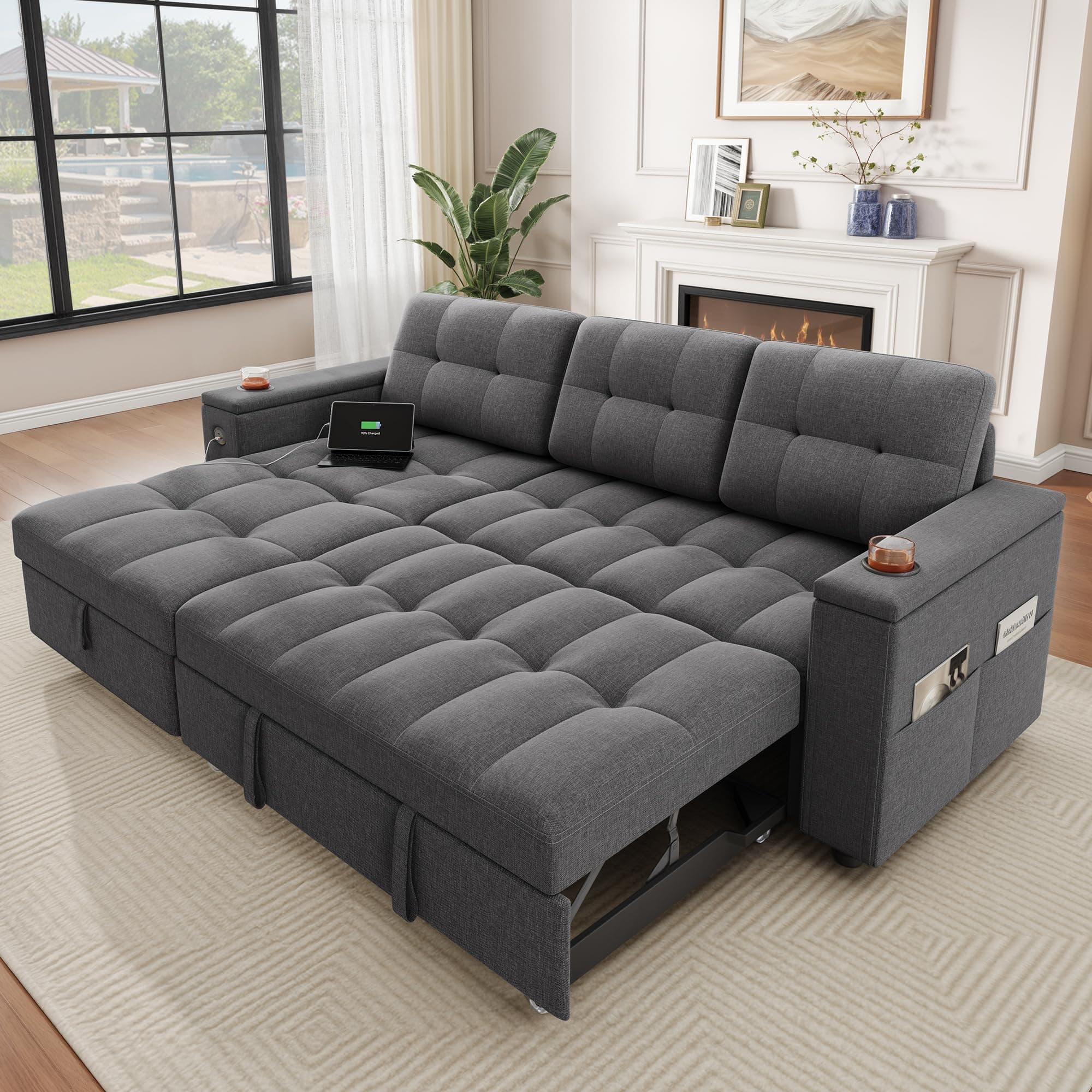 YITAHOME 4-Seat Dark Gray L-Shaped Sleeper Sofa with Storage Chaise