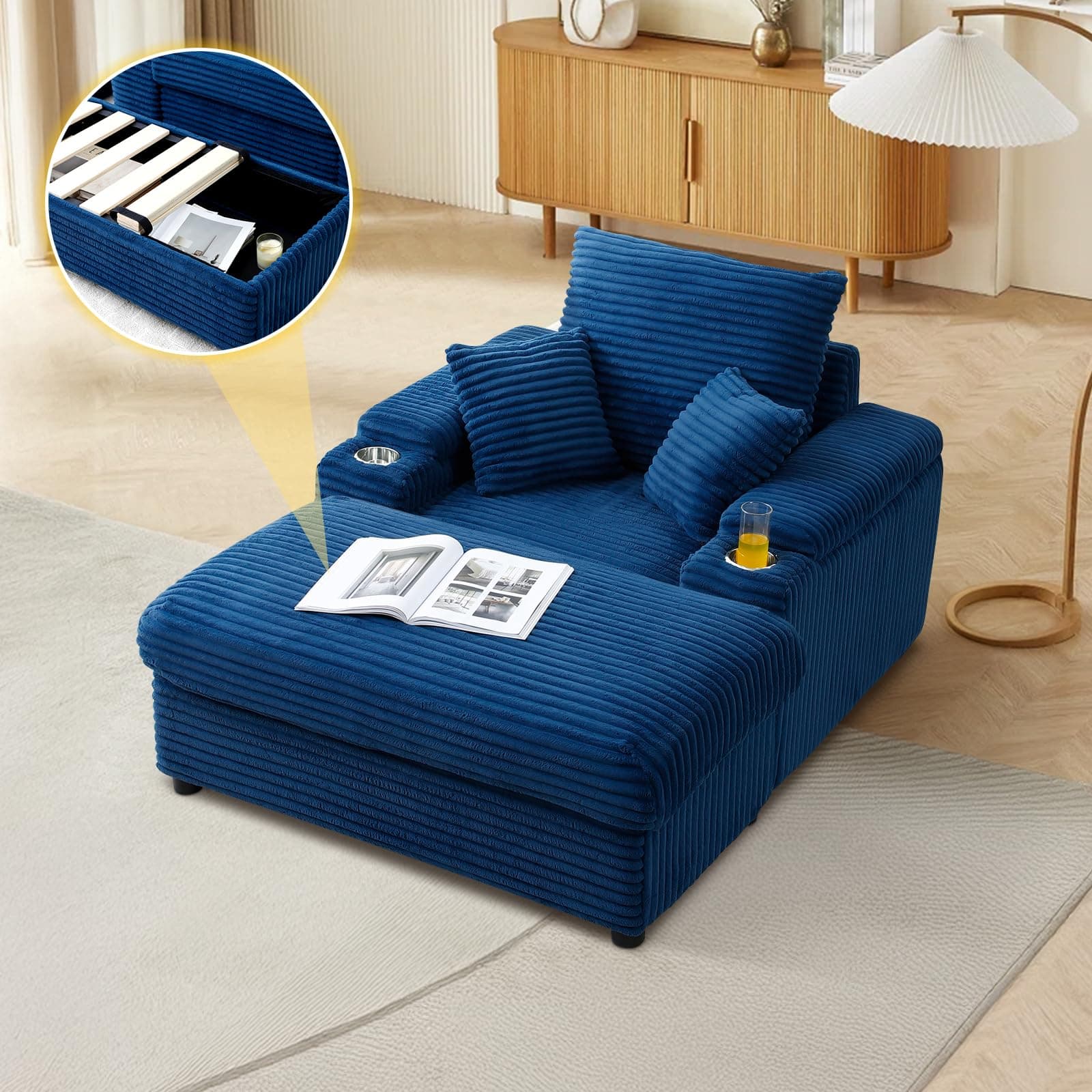 Cozy Blue Chaise Lounge Chair with Storage Ottoman & Cup Holders
