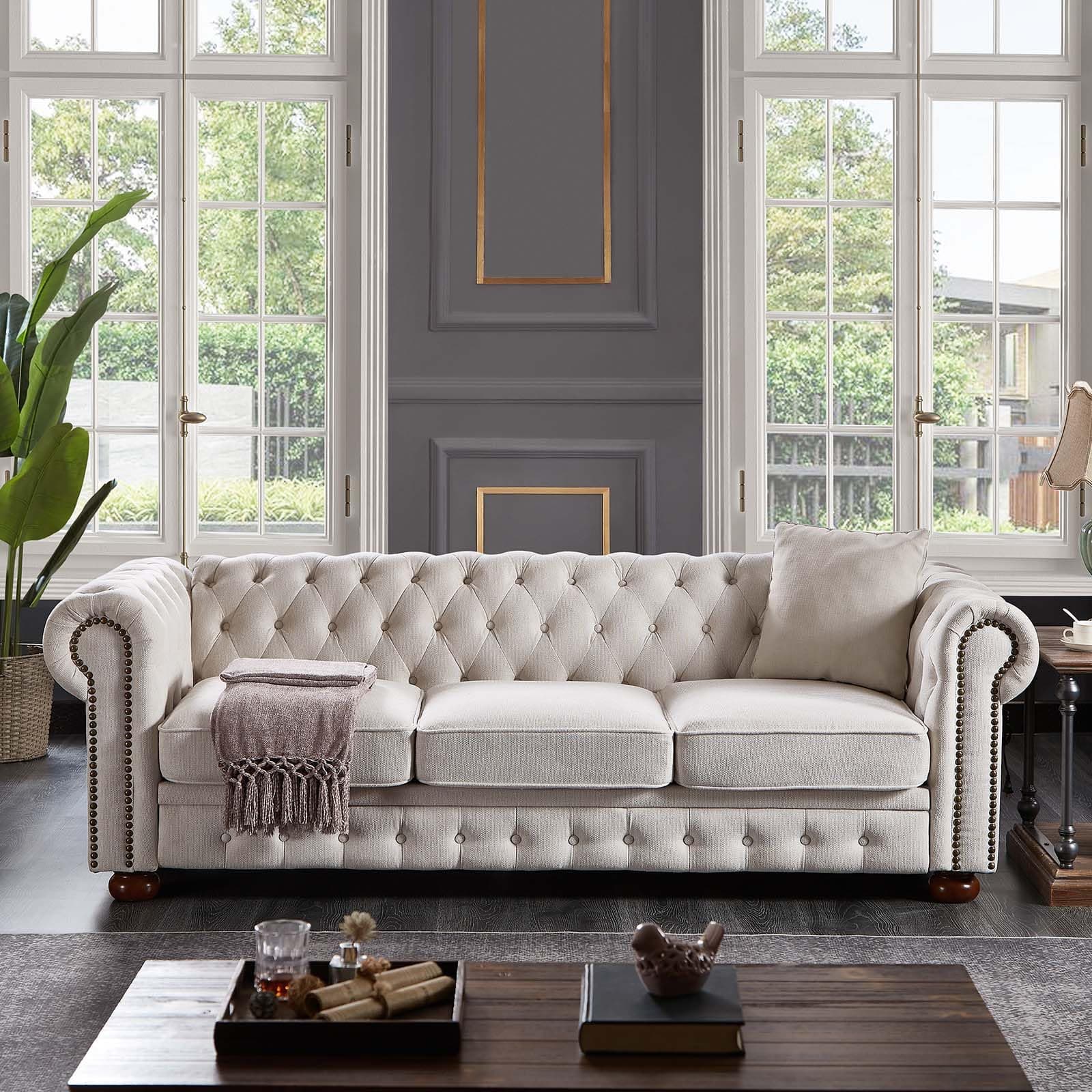 JEEOHEY 88" Oversize Chesterfield Sofa for Living Room and Bedroom, Beige
