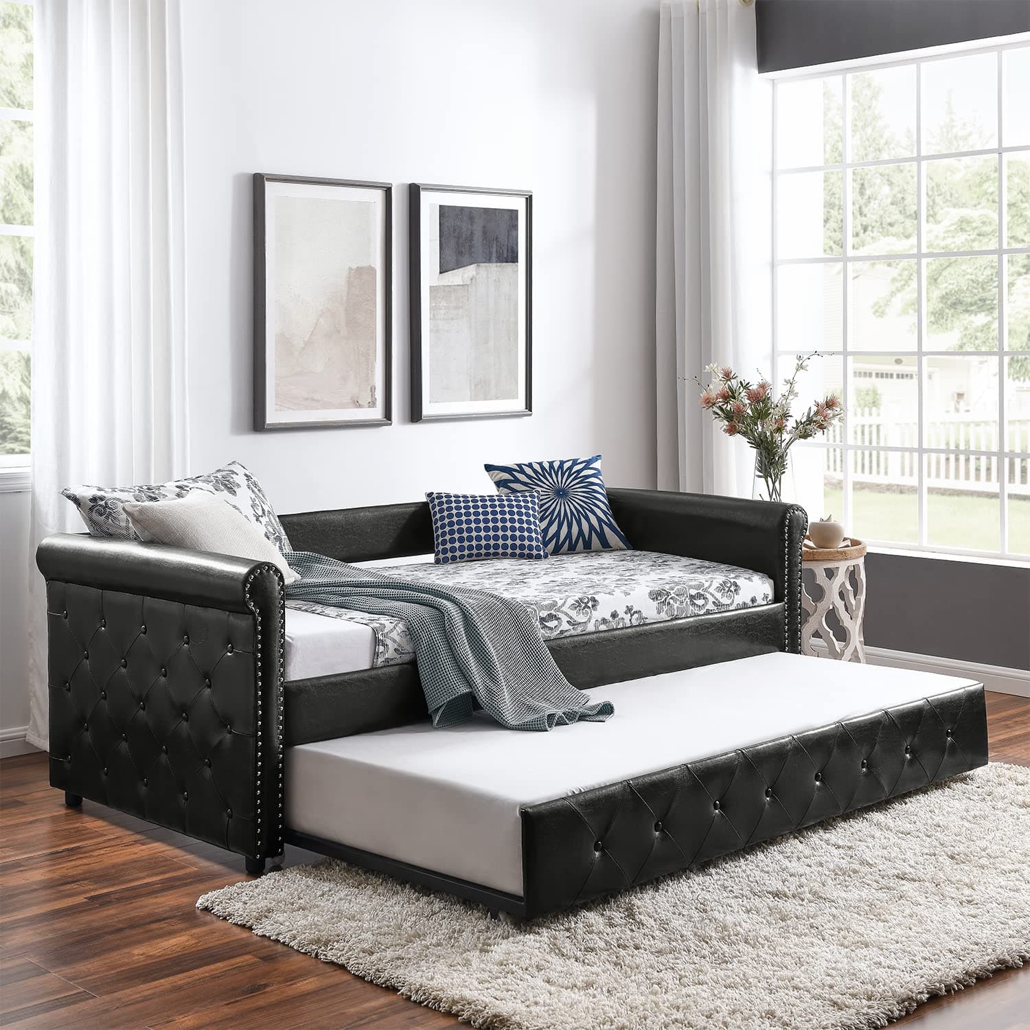 Modern Upholstered Daybed with Trundle, Twin Size, Button Tufted, No Box Spring Needed, Black