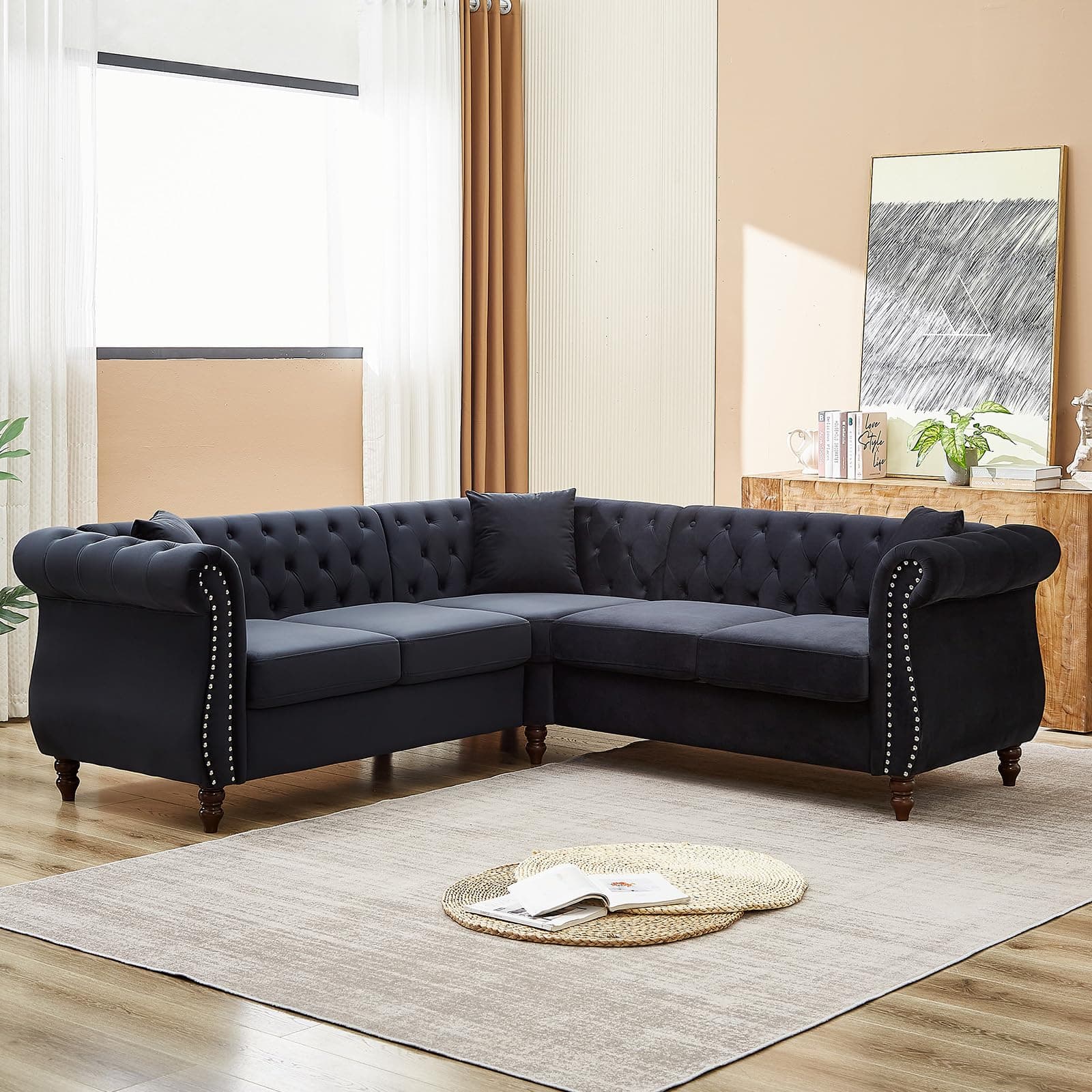 Mid Century Modern Velvet L-Shaped Sofa Couch - Black