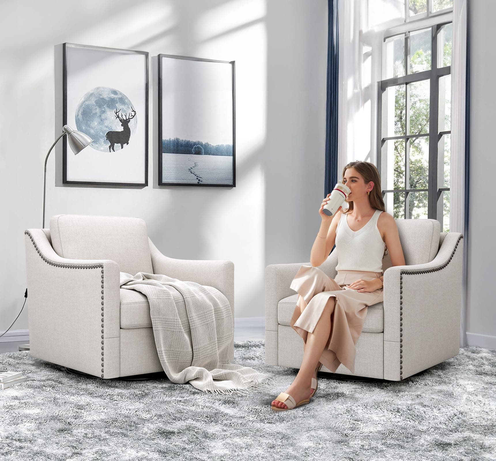 Set of 2 Swivel Barrel Chairs with Nailhead Trim for Nursery, Living Room, Bedroom, Office