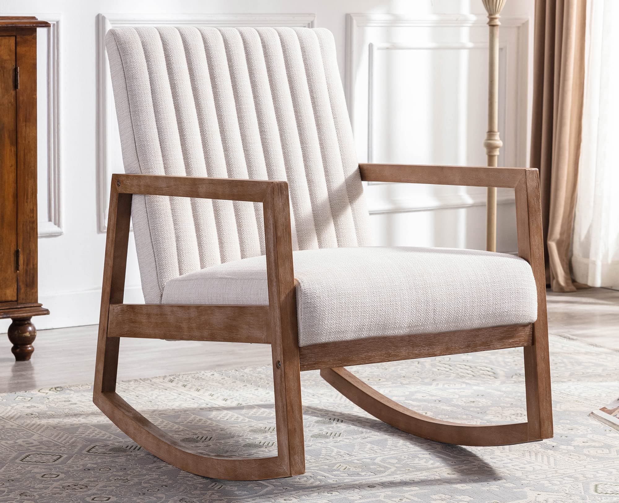 VESCASA Beige Linen Tufted Mid-Century Rocking Chair, Light Walnut Frame, Living Room Nursery Bed RocChair