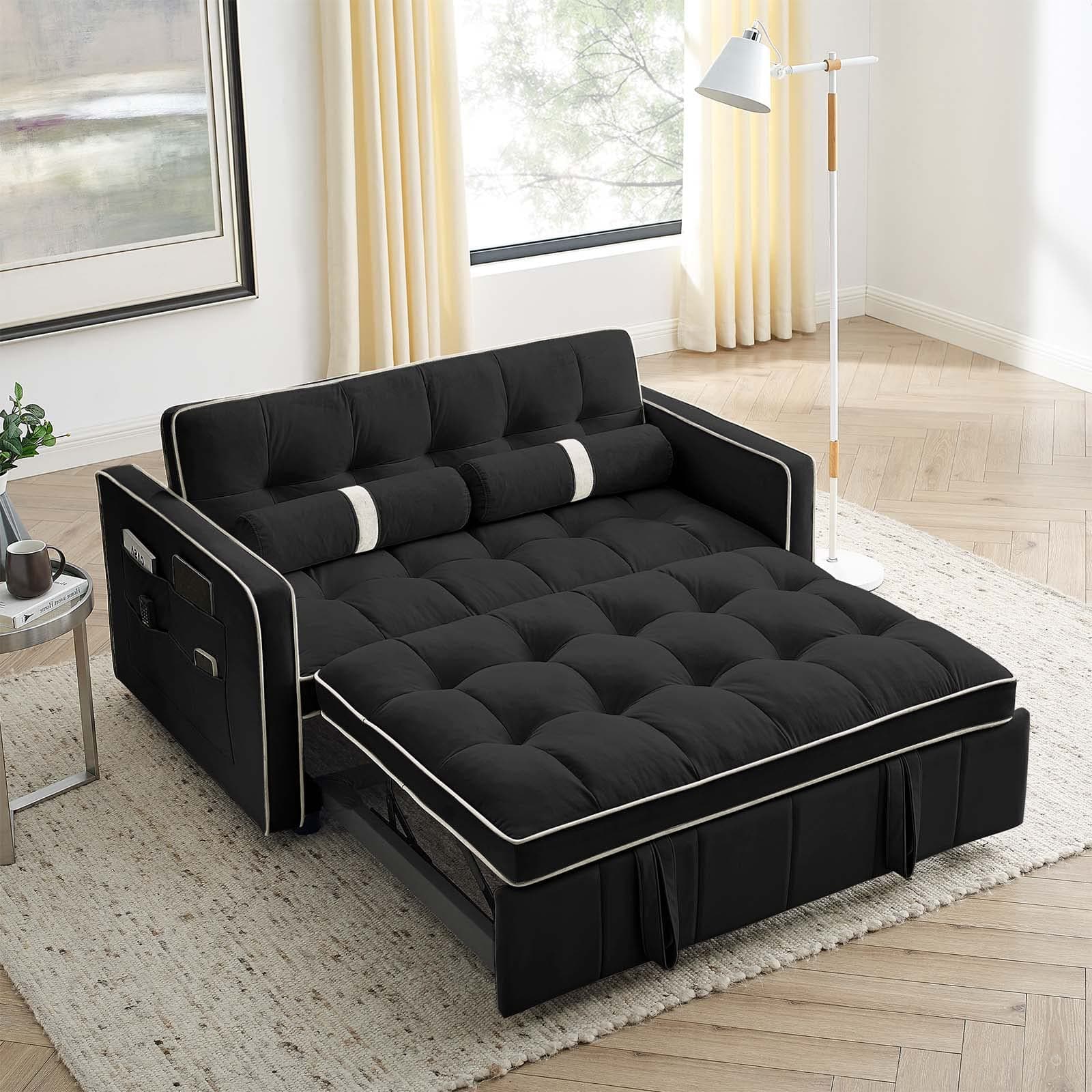JEEOHEY 55" Tufted Velvet Sleeper Sofa Bed, Black Small Space Convertible Couch
