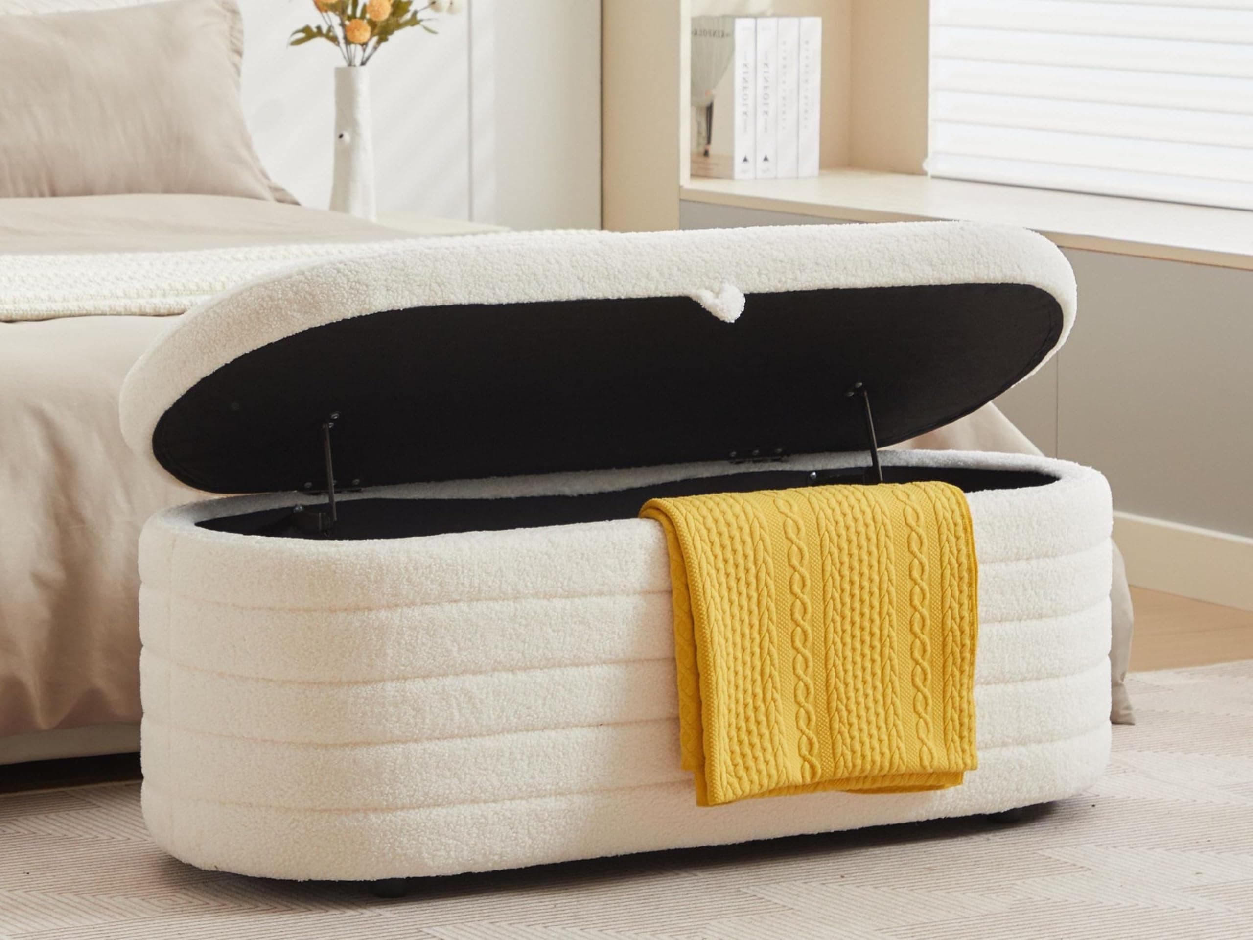 White Sherpa Padded Ottoman Bench with Storage for Living Room and Bedroom