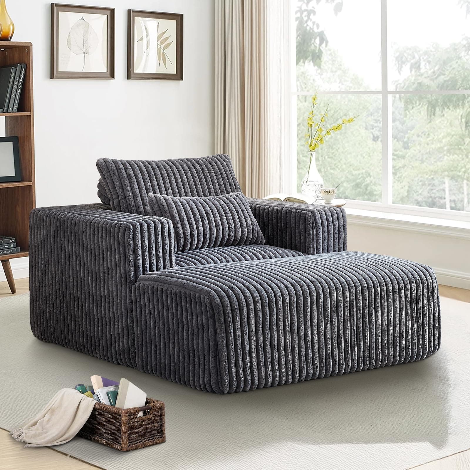 Oversized 48.5 Indoor Chaise Lounge Chair with Ottoman - Modern Plush Corduroy Sofa for Living Room (Grey)