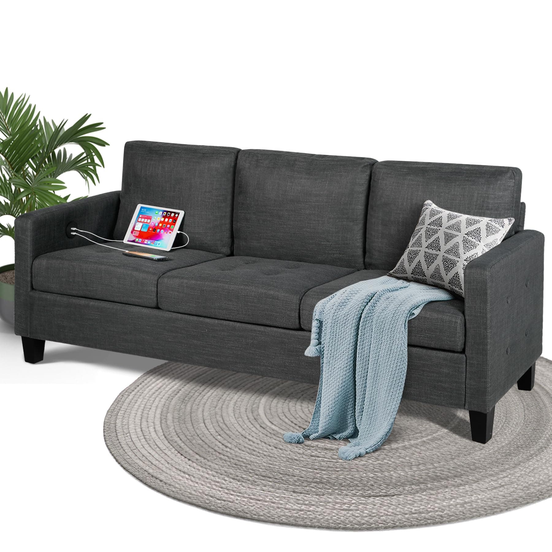 72" 3 Seater Gray Couch with USB Ports for Small Spaces